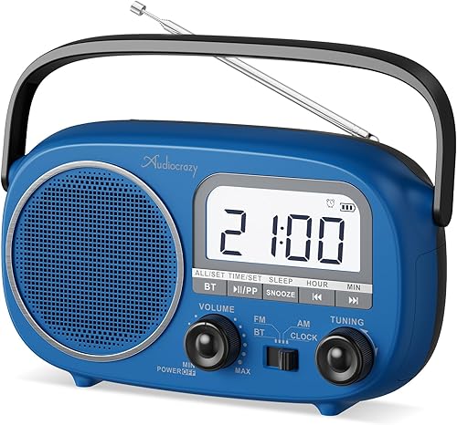 Radio portátil AM FM recargable con la mejor recepción, pantalla digital de horaestación, alimentación de CA o radio de alimentación por batería con