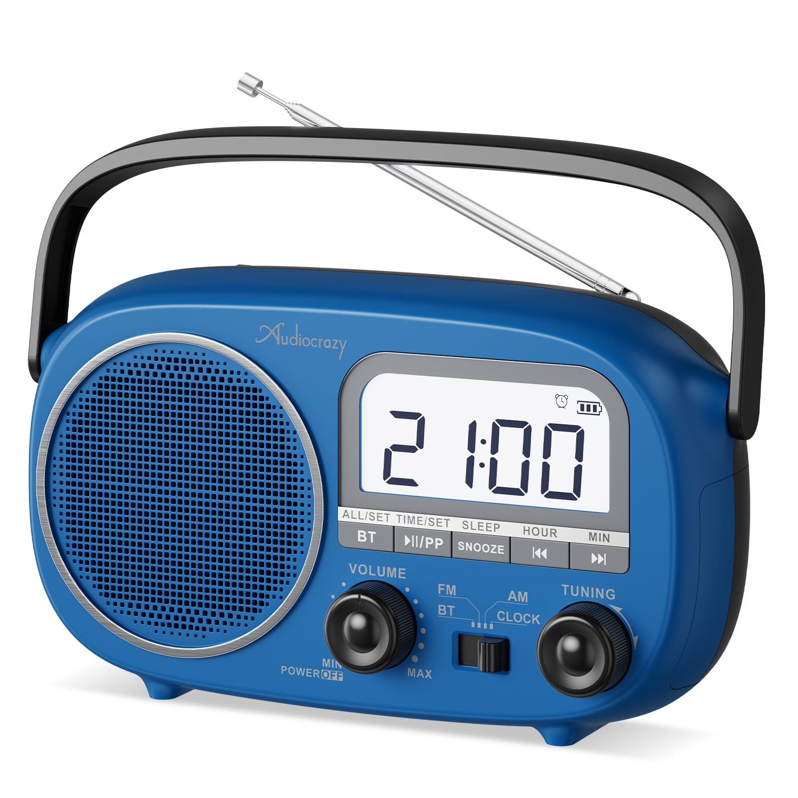 Audiocrazy Portable AM FM Rechargeable Radio with Best Reception, Digital Time/Station Display,AC Power or Battery Power Radio with Bluetooth Speaker