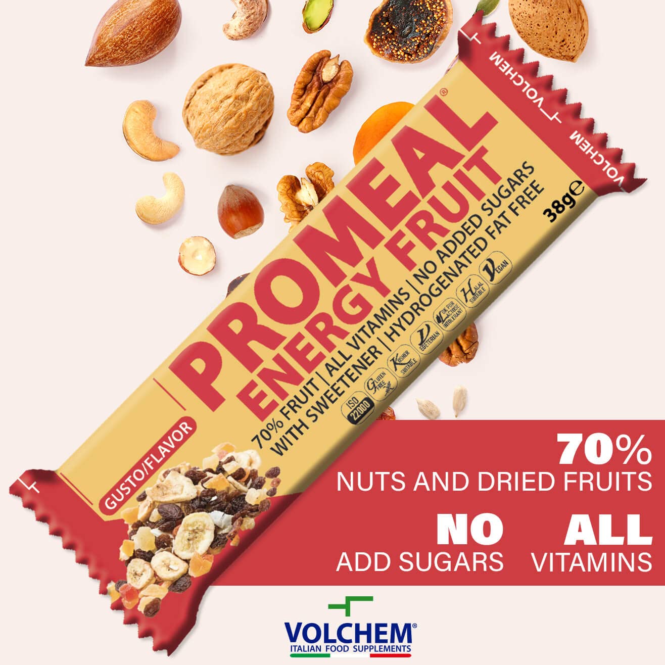 Volchem Promeal Energy Fruit, Barretta Energetica Ricca di Frutta al 70%, Contiene Tutte le Vitamine, Senza Grassi Idrogenati e Zuccheri Aggiunti, Scatola da 25 Barrette, Gusto Fruit, 950 g