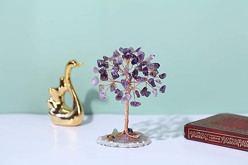 Miniatura 9 de Jovivi Amatista natural + aventurina verde + ópalo curativo árbol en base de ágata, piedras curativas para árbol de dinero para Feng Shui en casa