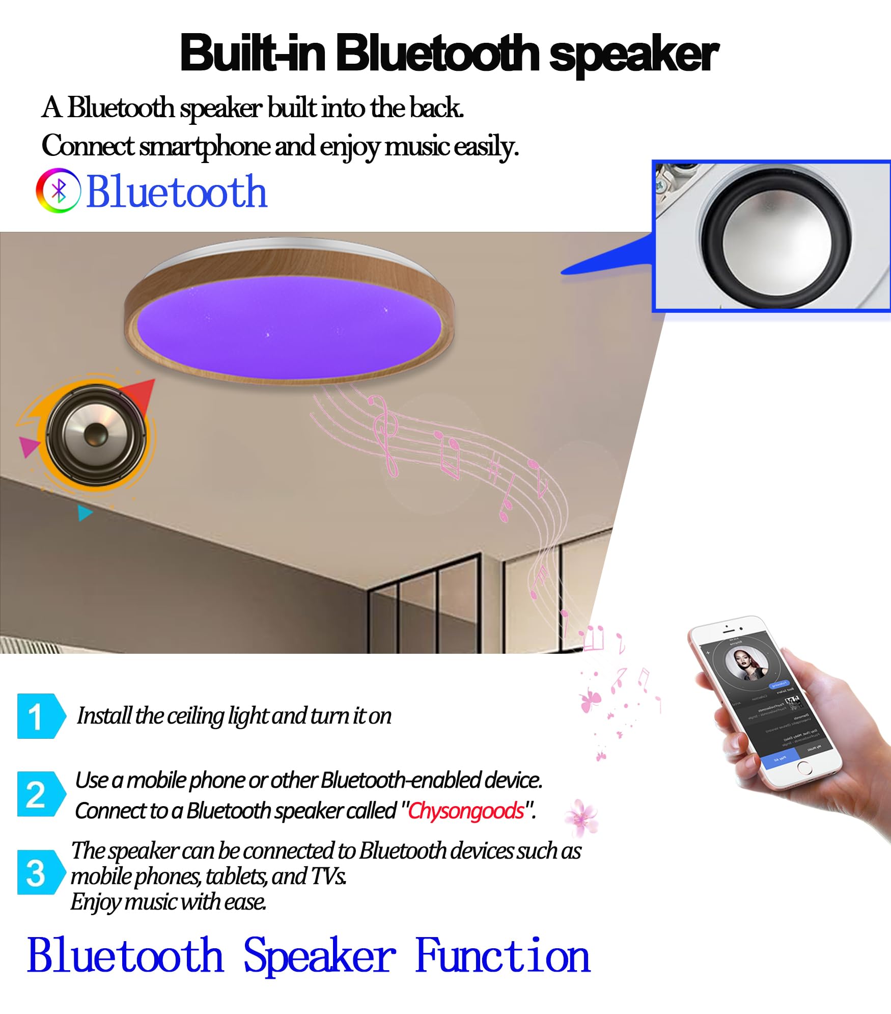 40CM MW LED-Musikdeckenleuchte, Lampenschirm in Holzmaserungsoptik, kompatibel mit Alexa, integrierter Bluetooth-Lautsprecher, RGB-Lichteffekt, dimmbar, mit Fernbedienung