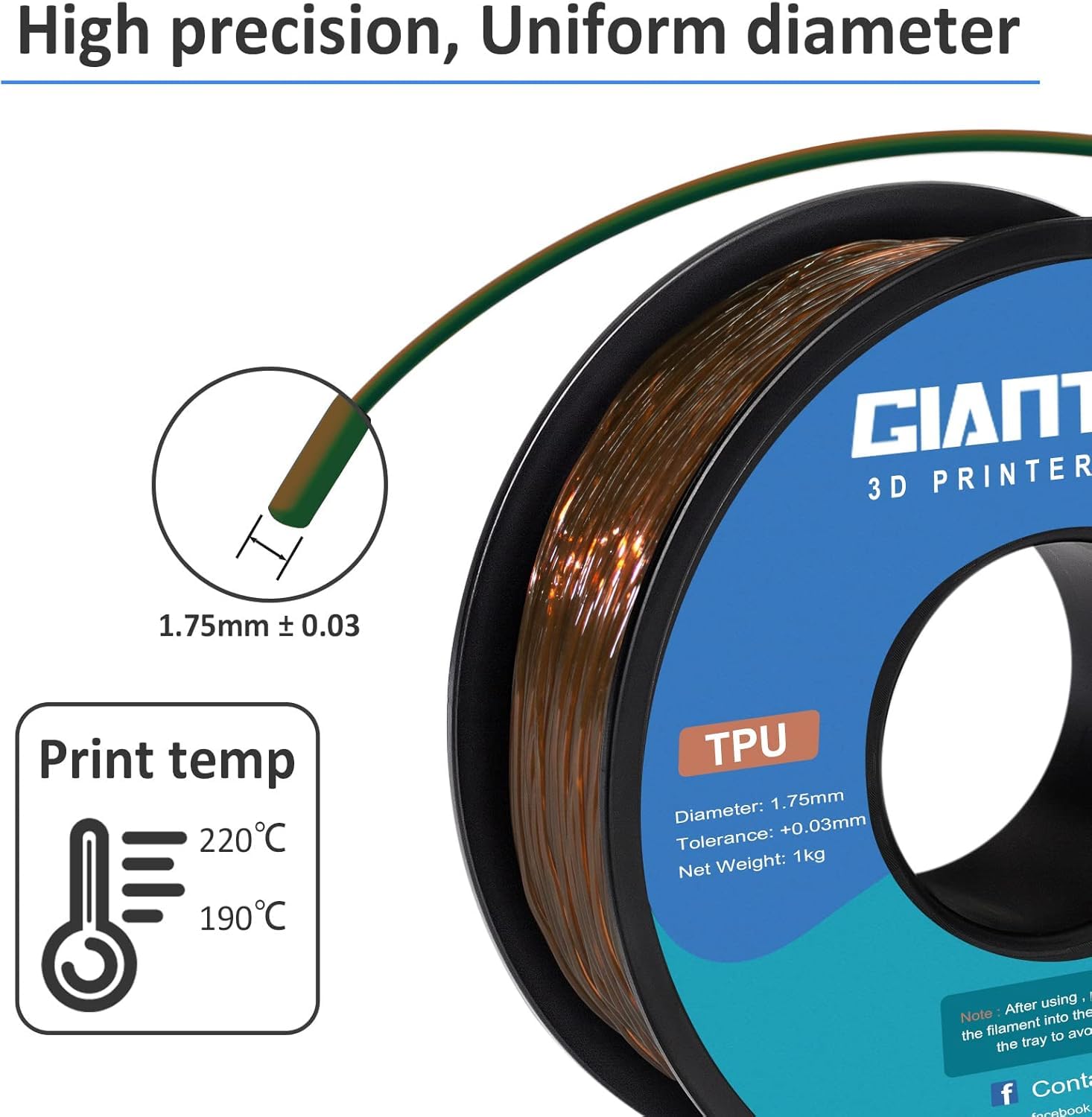 GIANTARM Filamento TPU 1,75 mm per stampante 3D 1 kg, marrone