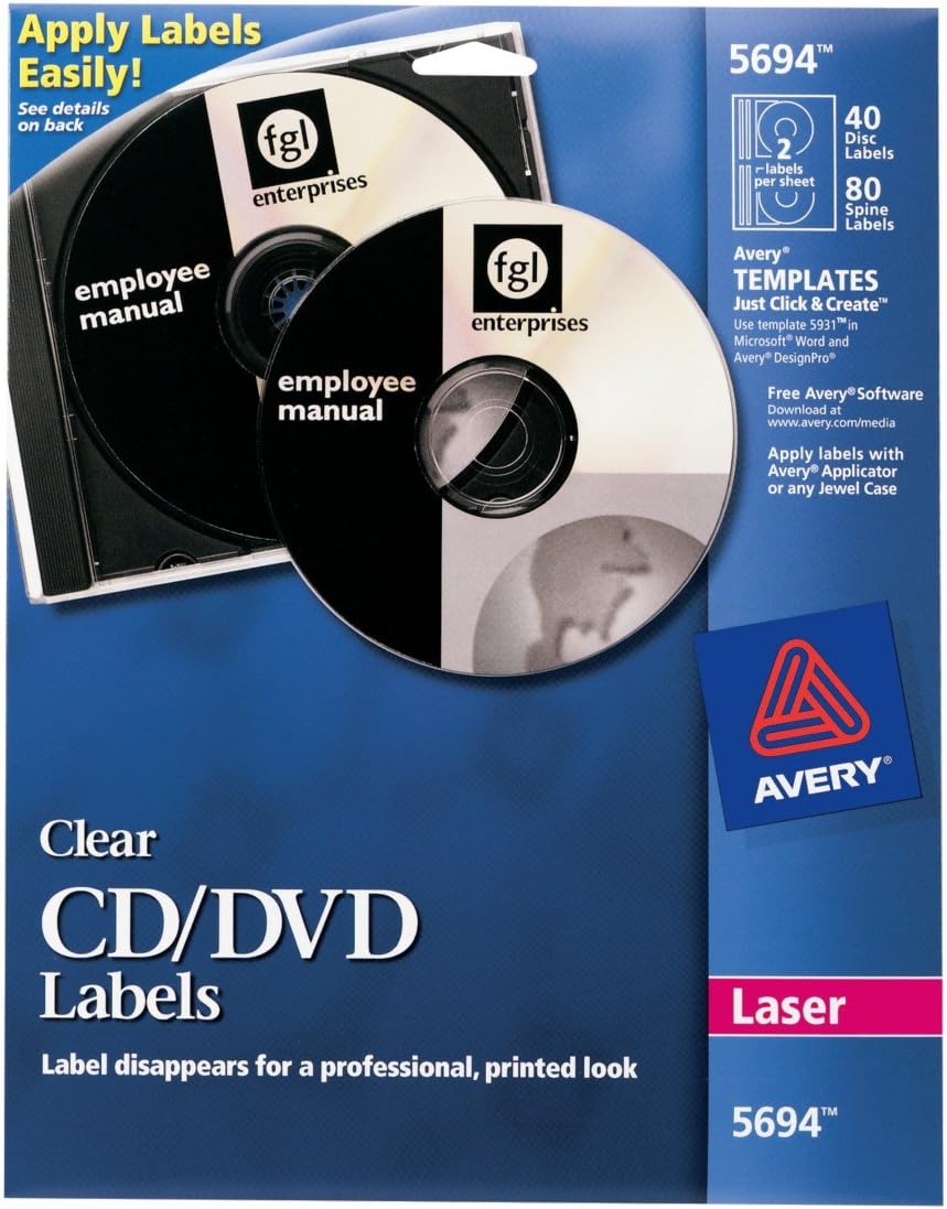Avery Clear CD Labels for Laser Printers, 40 Disc Labels and 80 Spine