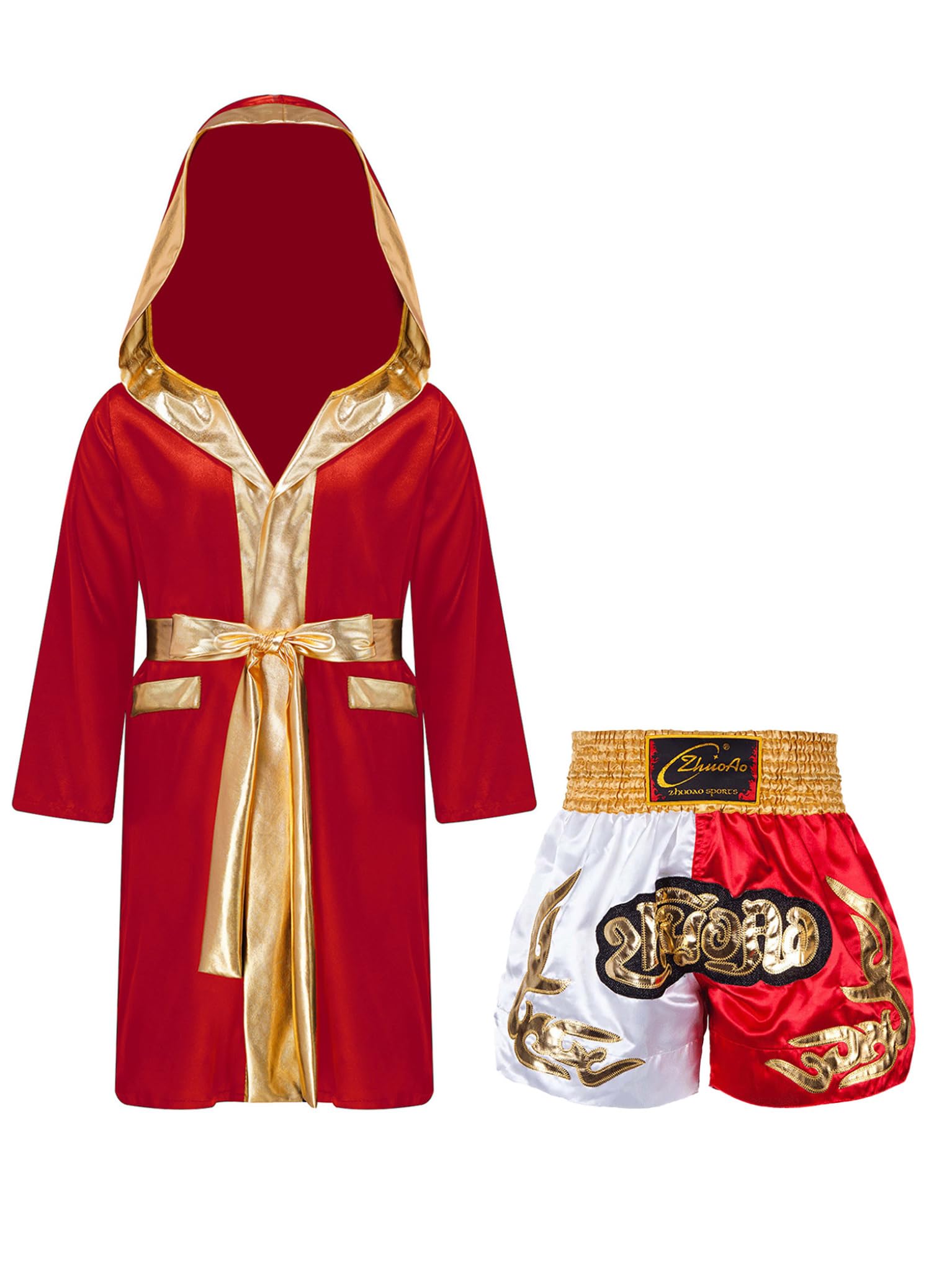 TTAO Abrigo con capucha para niños y jóvenes, kickboxing, pantalones cortos deportivos, cinturón, manga larga, abrigo de satén, capa de entrenamiento
