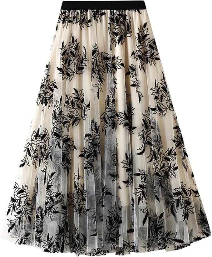 Dirholl Women's A-Line Patterned Elastic Waist Tulle Midi Skirt