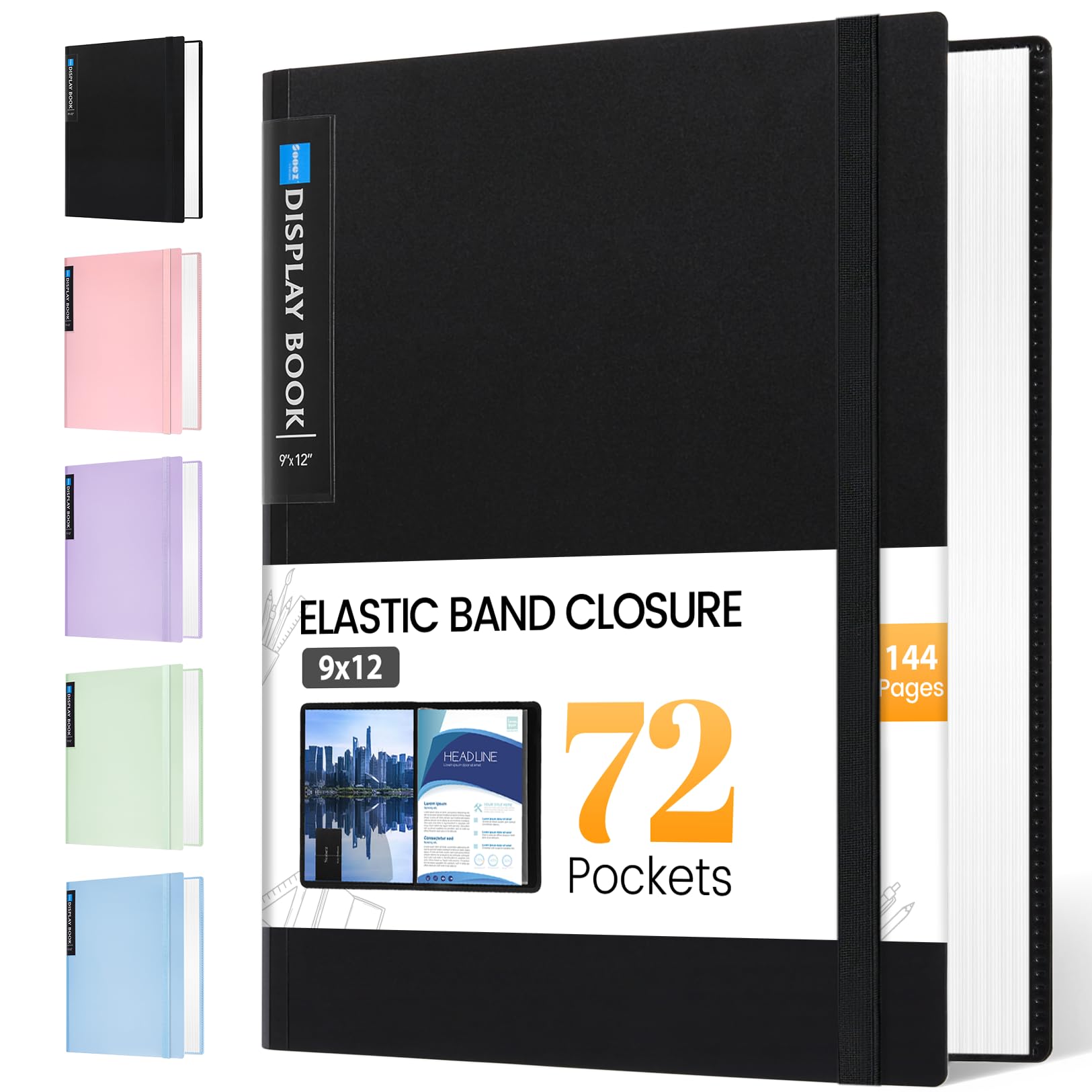 Sooez Art Portfolio 9"x12", 72 Pockets Large Portfolio Folder Display 144 Pages, Heavy Duty Binder with Plastic Sleeves&Elastic Band, Presentation Book with Clear Sheet Protector for Artwork Organizer