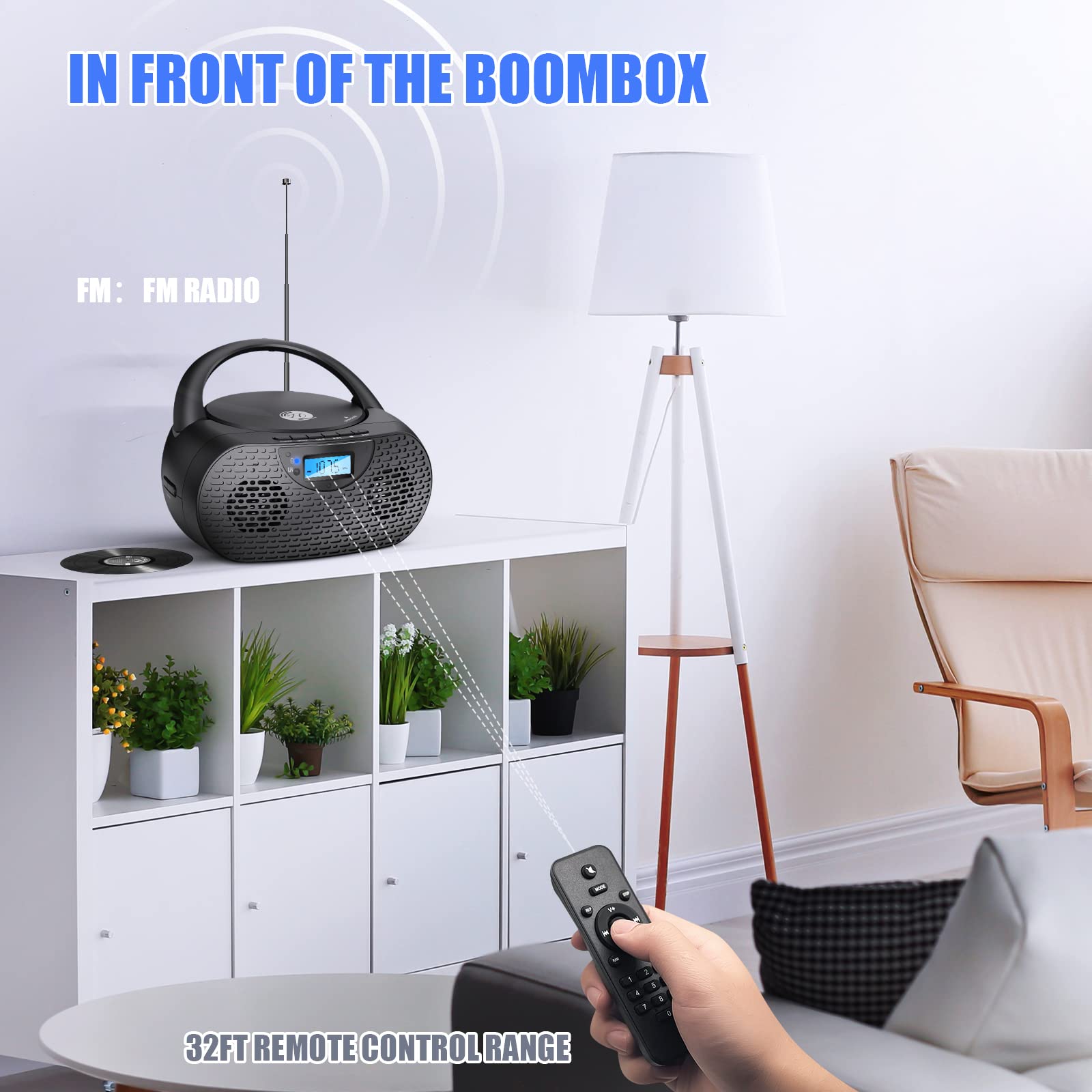 Bluetooth Small CD Player, Herneum Rechargeable Boombox with Remote Control, FM Radio, Stereo Sound System, USB Drive, Aux in, Headphones Jack, Portable CD Player for Home/Garden/Party (Black)