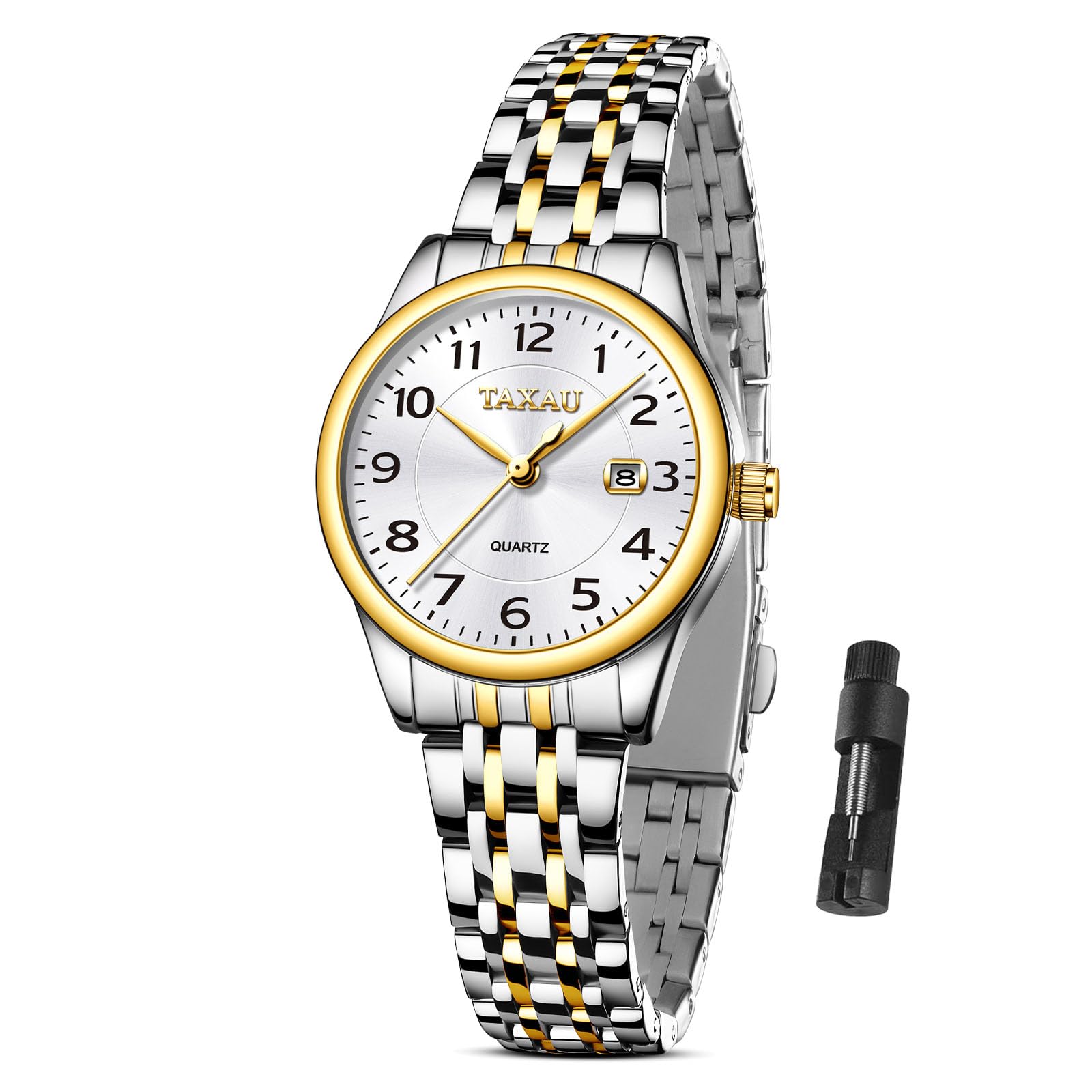 Taxau Damen Uhr Wasserdicht Quarzuhr Gold Silber Edelstahlband Armbanduhr