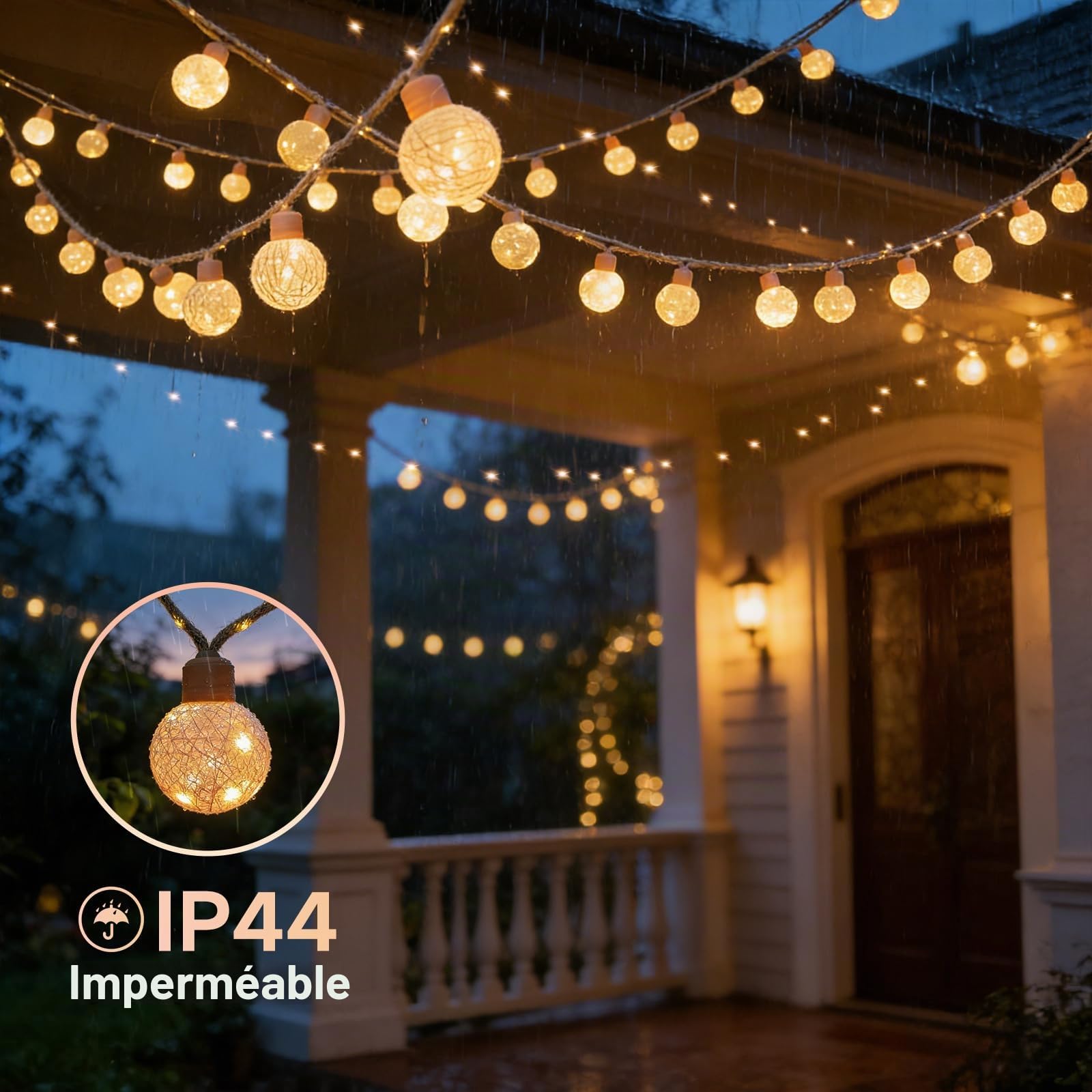 Guirlande lumineuse d'extérieur/d'intérieur avec prise, 8 m, 16 ampoules, 8 modes, intensité réglable, guirlande lumineuse à ampoules LED sphériques avec télécommande et minuterie, guirlande lumineuse