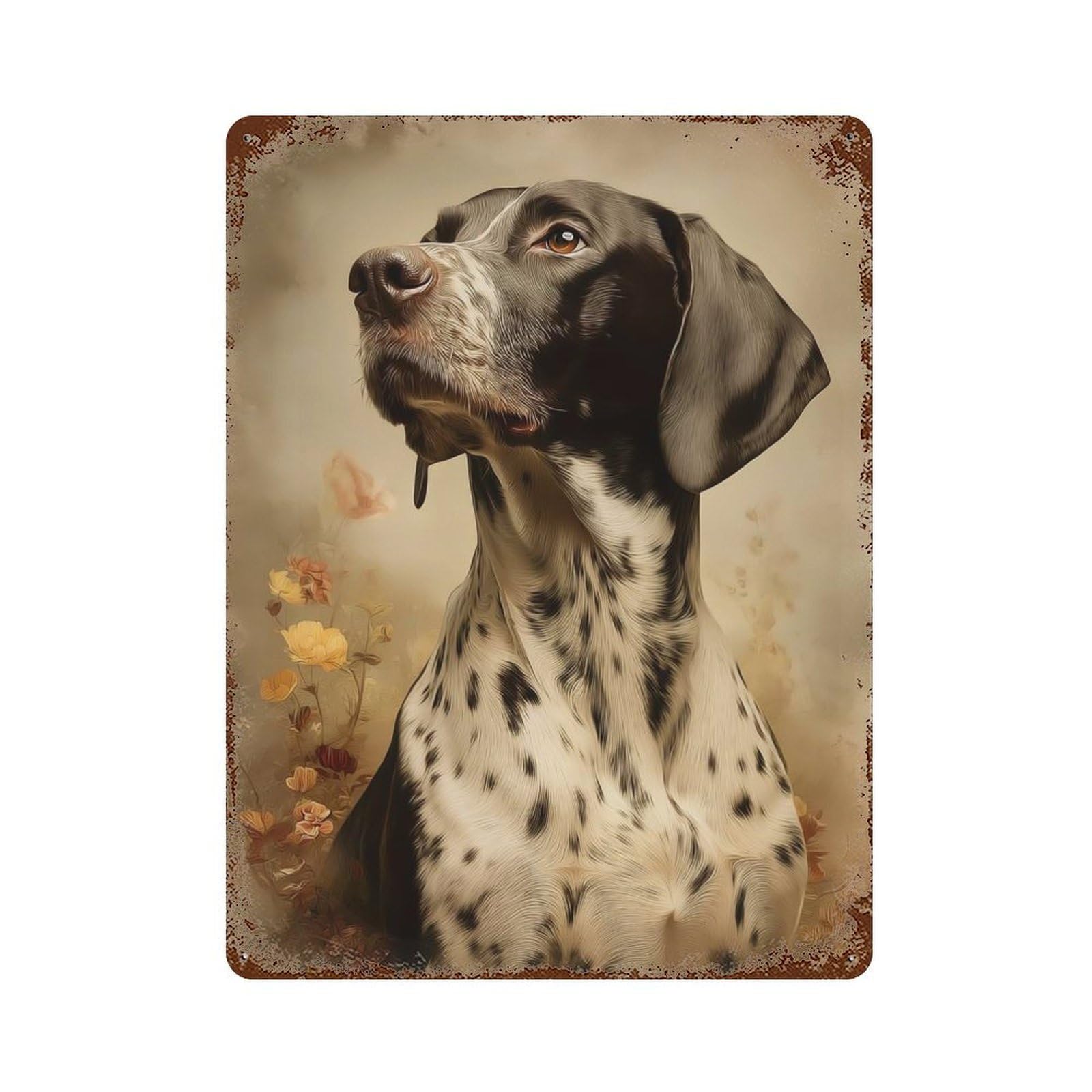 German Shorthaired Pointer Portrait with Floral Accents Rust Effect Tin Sign 15.7"x11.8", Ideal for Shed, Workshop And Garage Wall Decor