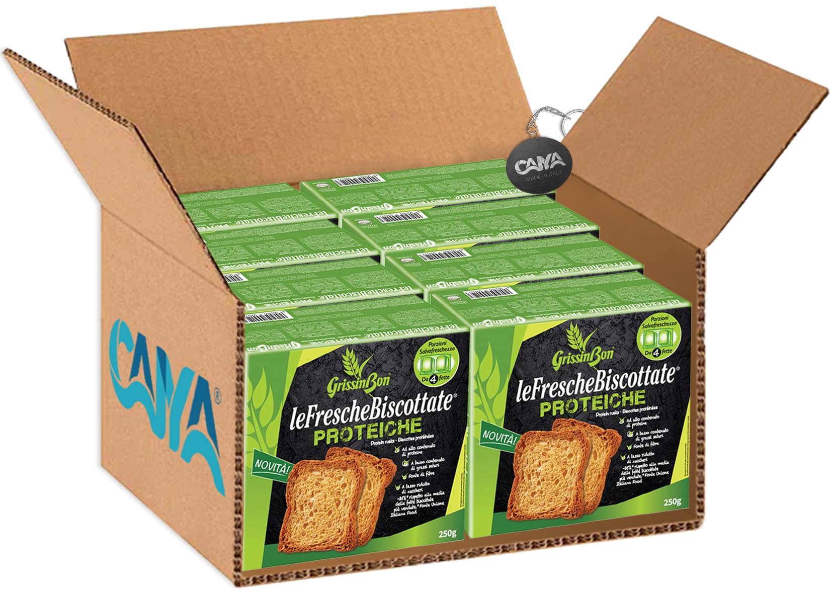 GrissinBon Le Fresche Biscottate Proteiche Fette Biscottate con Proteine in Porzioni Salva Freschezza 250g [CAIYA® BOX da 8 Confezioni]