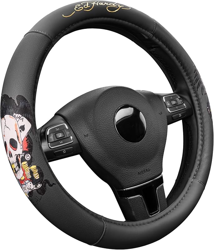 Capa para Volante ED HARDY em Couro Preto com Estampa Casino Skull, Compatível com Volantes de 36,8 a 39,4 cm