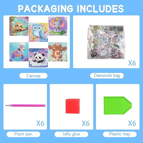 Miniatura 7 de Paquete de 6 kits de pintura de diamantes 5D para niños principiantes, kits de arte de diamantes lindos animales de taladro completo, arte de