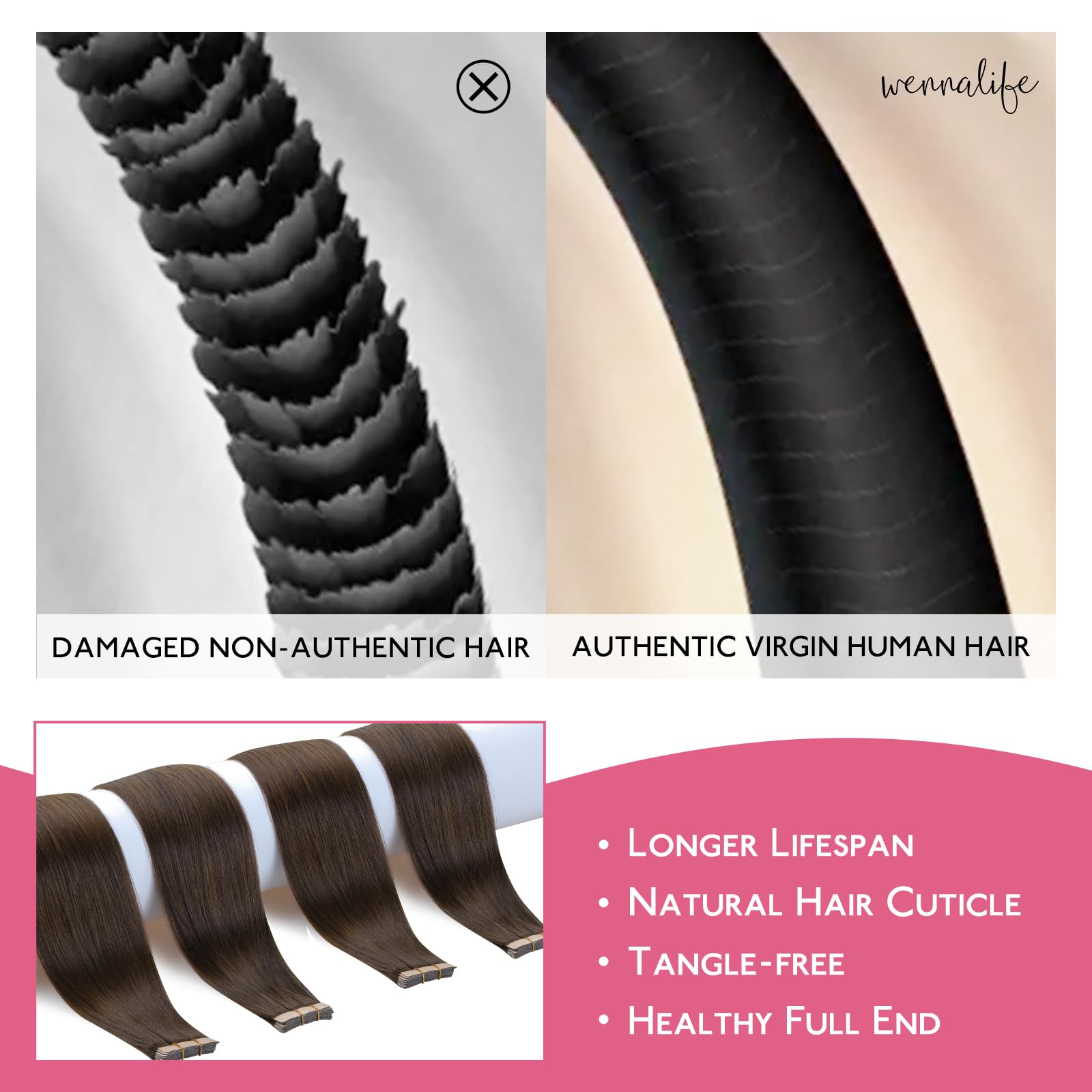 WENNALIFE Extension Capelli Veri Biadesivo, 10pz 35cm 25g Marrone Cioccolato Extension Biadesive Capelli Veri Lisci Remy Tape in Hair Extensions Capelli Setosi Solo per L'aggiunta di Colori