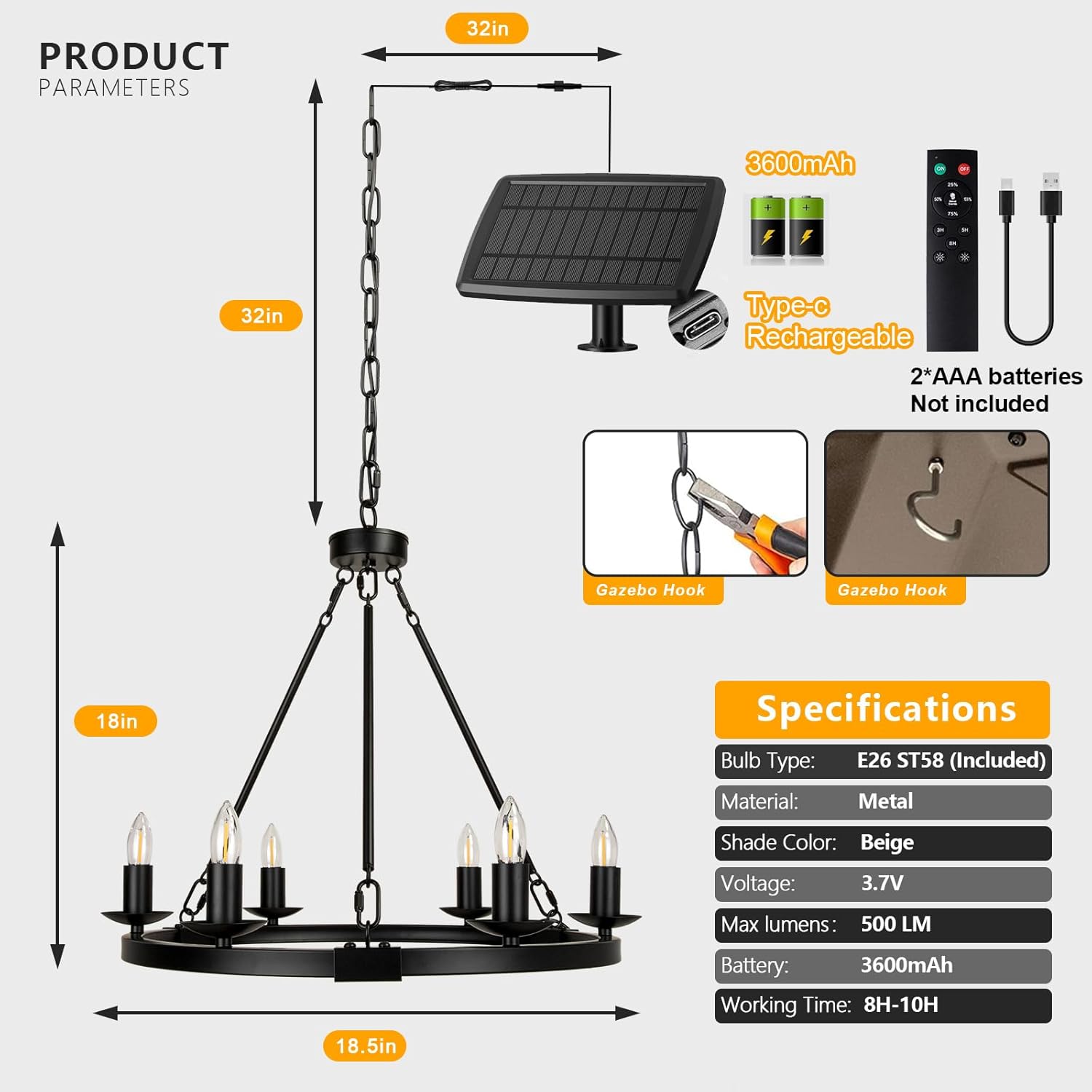 Solar Outdoor Chandelier, 6-Light 19" Chandelier Outdoor Waterproof Dimmable Hanging Pendant Lights, Farmhouse Style for Gazebo, Porch, Patio, Pergola, Decor Lighting