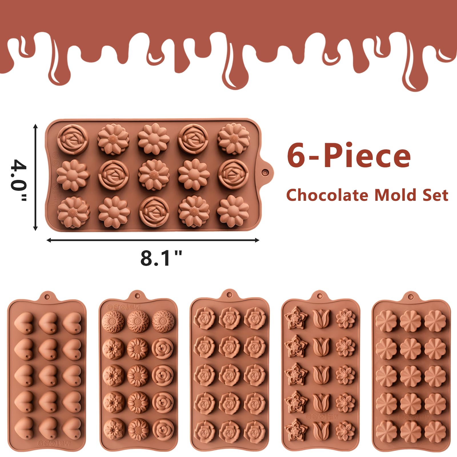Paquete de 6 moldes de chocolate con flores y corazones, silicona, sin BPA, moldes multiusos, 90 cavidades, antiadherentes, fáciles de usar