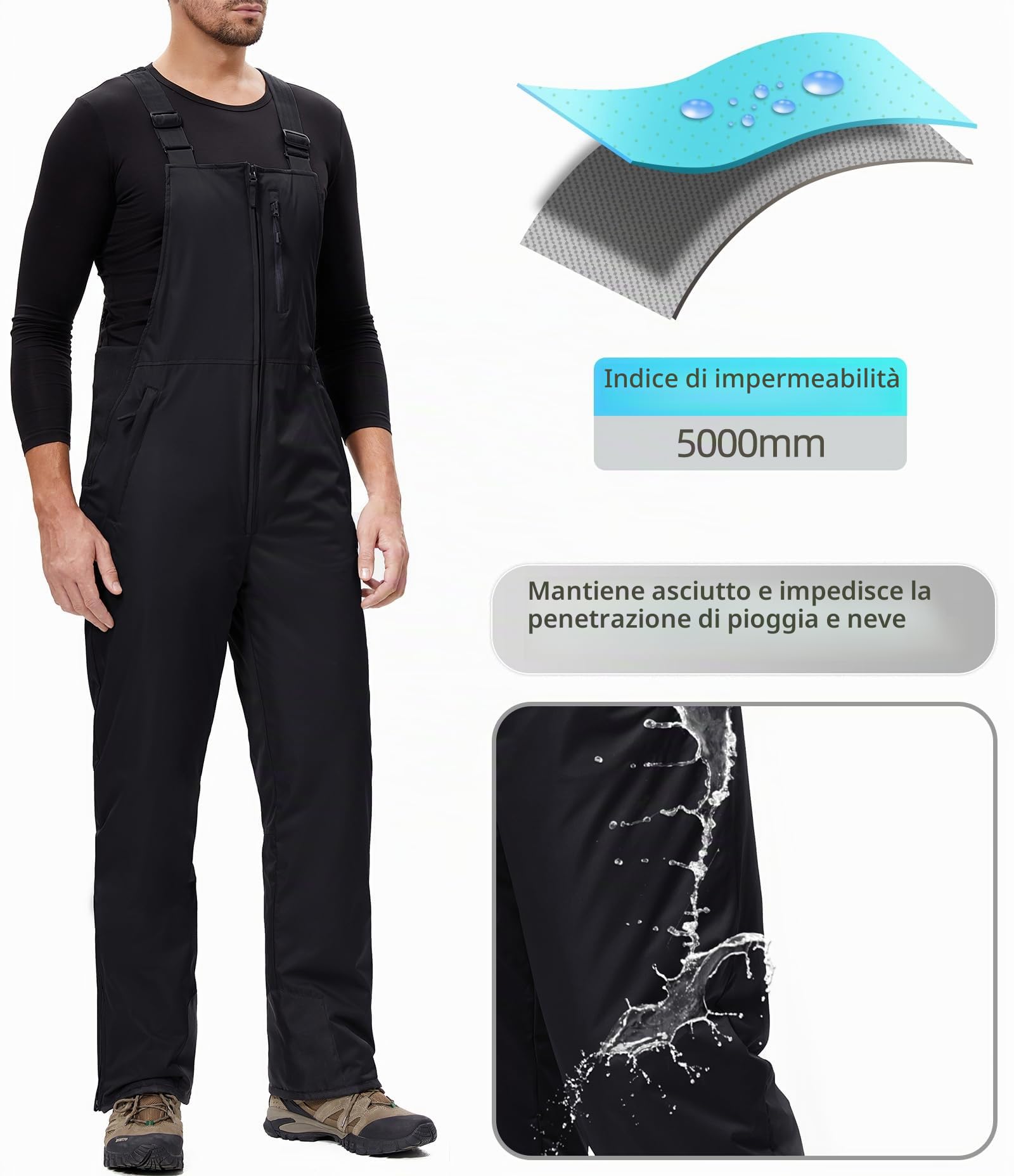 Pantaloni Sci Uomo Inverno Salopette Neve Impermeabile Pantaloni Snowboard Isolata Antivento Caldo Pantaloni Softshell con Tracolla Regolabile e Tasche Multiple HXK9129M-Black-S