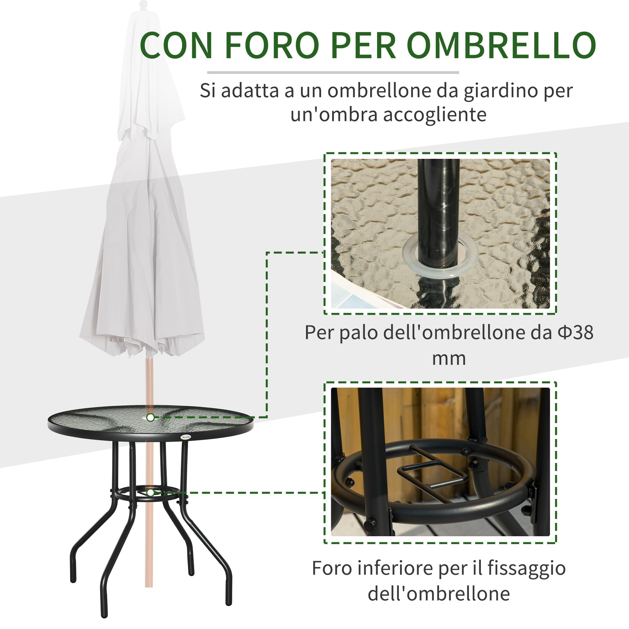 Outsunny Tavolo da Giardino Rotondo 80 cm con Foro per Ombrellone, Tavolino da Caffè Esterno con Piano in Vetro Temperato, Struttura in Metallo per Patio, Terrazzo, Balcone, Nero