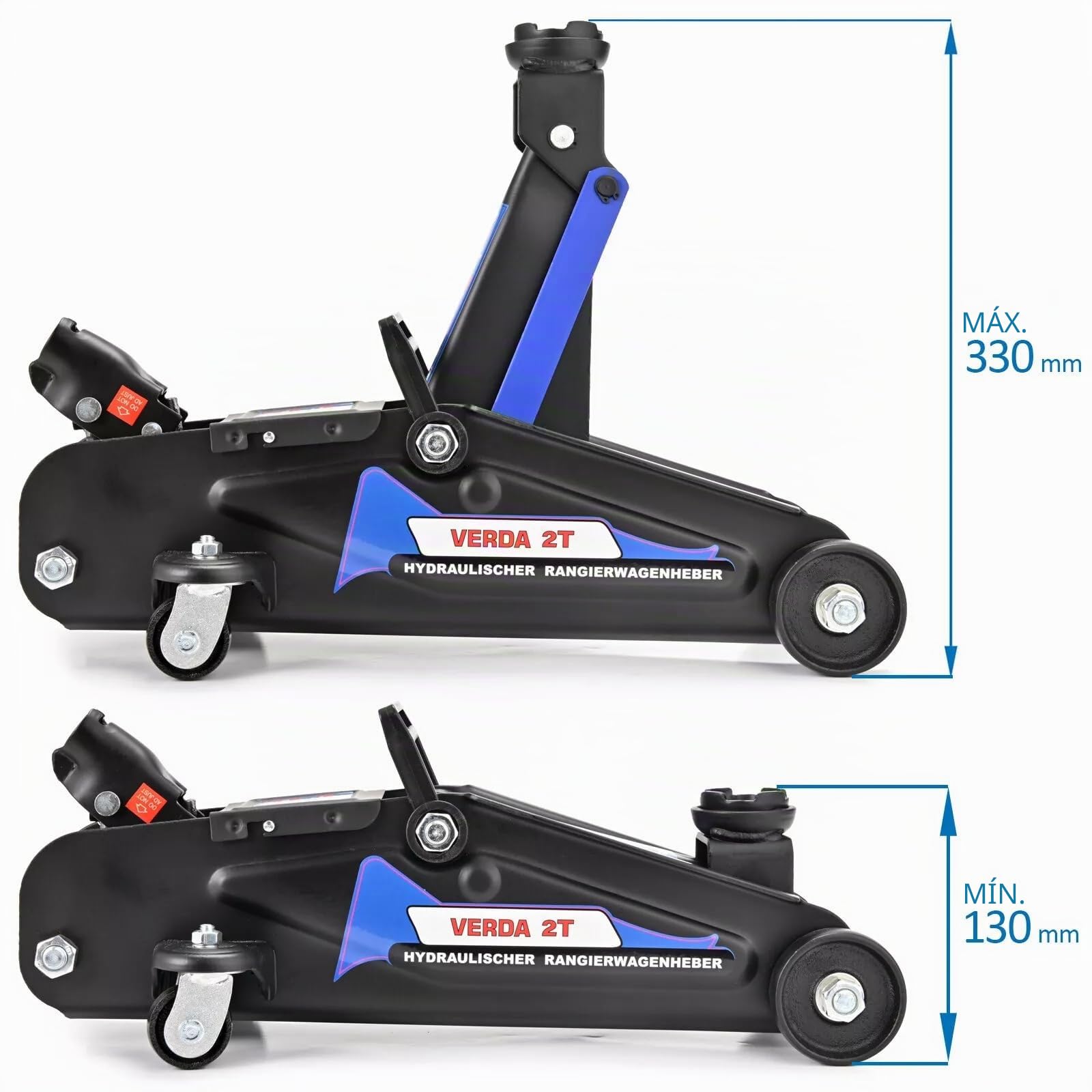 Gato hidráulico Verda de 2T, 130-330mm + revestimiento de goma + guantes de montaje profesionales para autocaravana, gato de maniobra, todo terreno, taller, elevador de coche, turismo, bajo