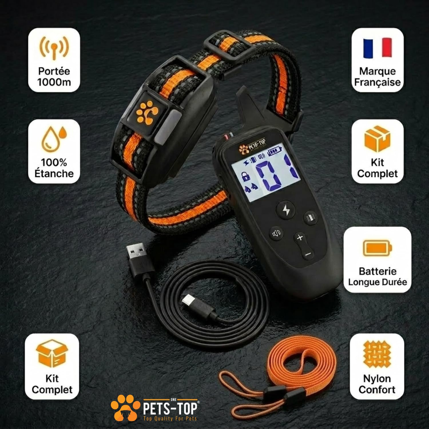 One PETS-TOP Collier De Dressage pour Chien, Portée de 3000m, Mode Vibration, Son, Choc Statique de 0 à 99, IPX67 Résistant à L’Eau, Petit et Gros Chien, Anti-aboiement