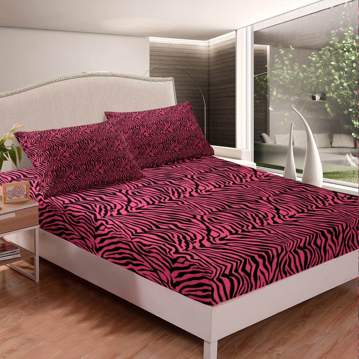 Girls Pink Black Fitted Sheet Zebra Stripes Bed Sheet Set Safari Animal Print Bedding Set for Boys Girls Kids Room Decor Zoo Animal Fur Print Lightweight Bed Cover Twin Size 3Pcs Bedding Sheets
