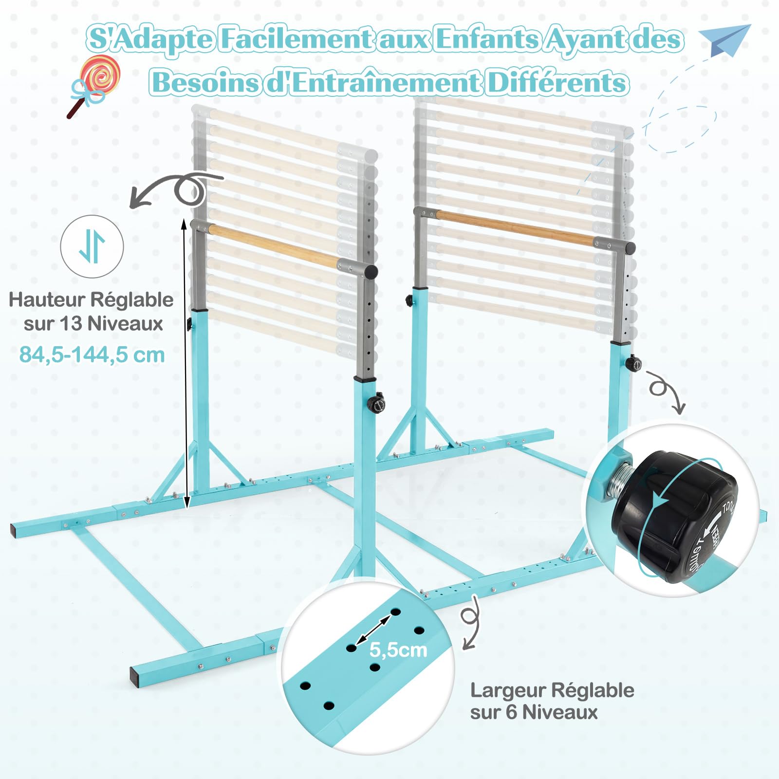COSTWAY Barres Parallèles de Gymnastique Hauteur Réglable 13 Niveaux, Double Barre Gymnastique à Largeur Réglable Charge Total 160KG, Entraînement pour Enfants 3 Ans+ (Vert)