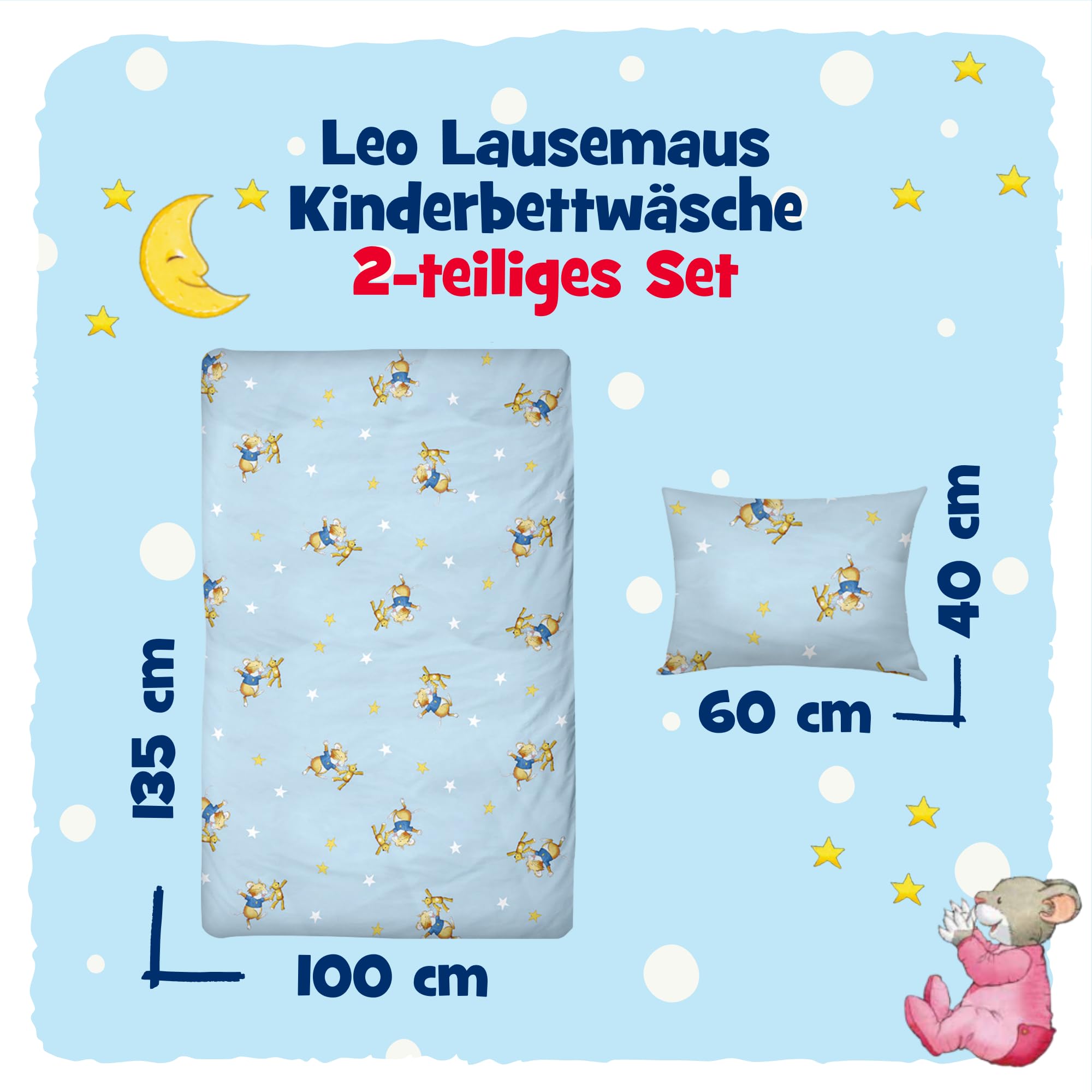 Leo Lausemaus Kleinkinder Bettwäsche-Set: 100 x 135 cm & Kissen 40 x 60 cm | 100% Baumwolle: Blaue Kinderbettwäsche für Jungen und Mädchen -Motive zum Einkuscheln