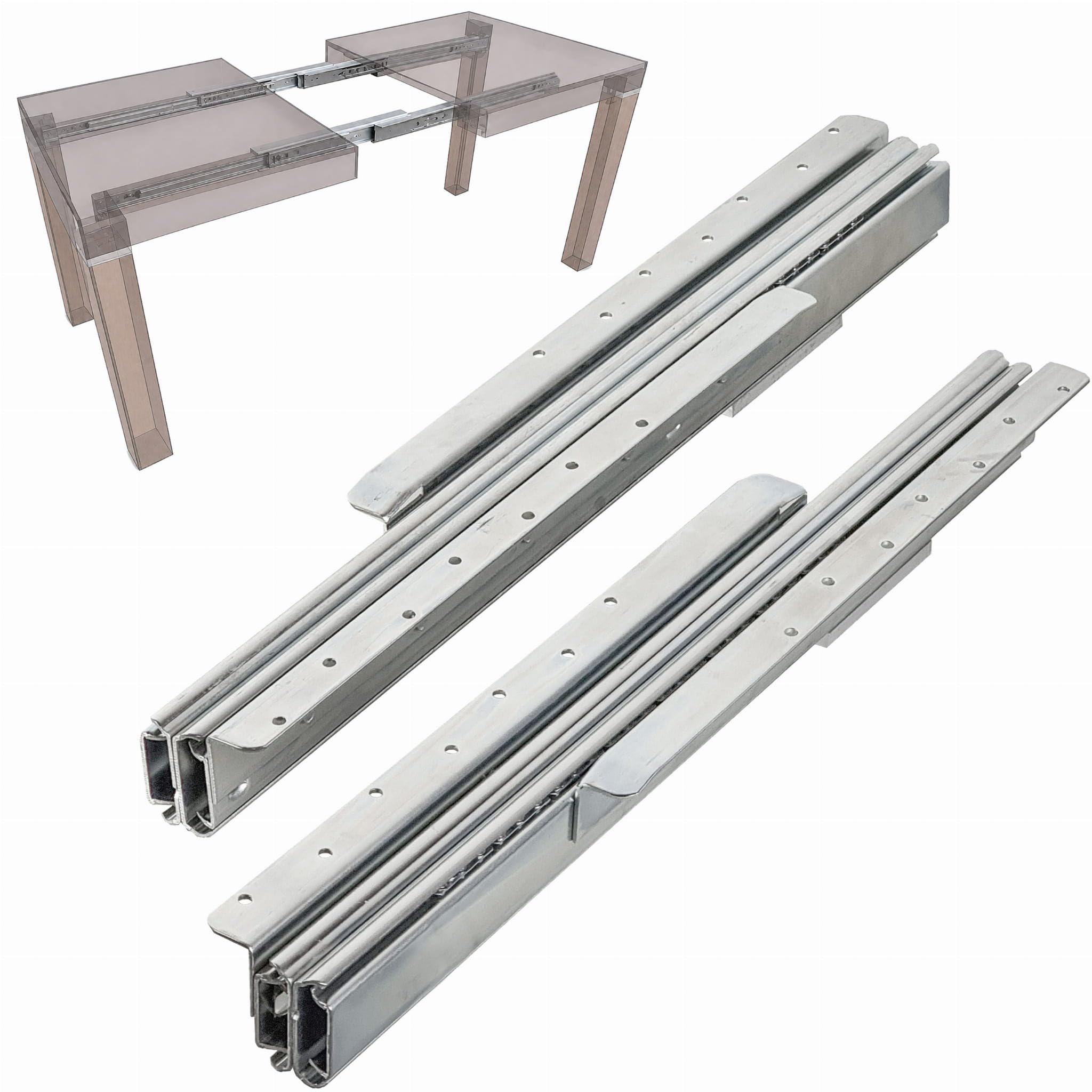 Brückmann - PRO Tischauszug 53/158 cm, Auszugsschiene für Tisch mit geteilter Zarge, Tischführungsschiene, zusammengeklappt 53 cm, ausgezogen 158 cm, 2 Einlegeplatten je 50 cm, Möbelbeschlag Schienen