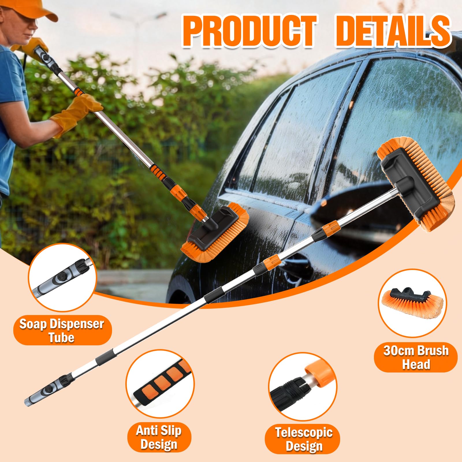 LAANPOLE Cepillo telescópico de lavado de coche de 3,6 m, mango largo con dispensador de jabón, cepillo de cerdas suaves de 12 pulgadas para coches, caravanas, paneles solares y ventanas