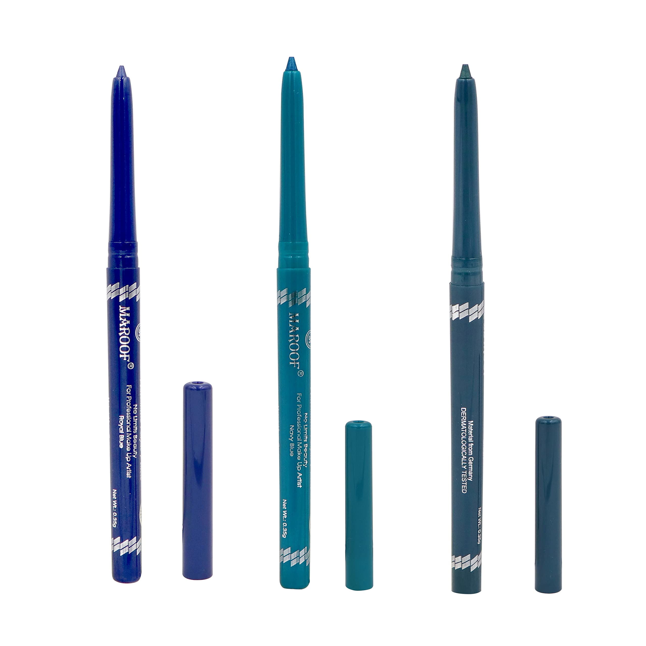 MAROOF 24 Hours Long Lasting Water Proof Automatic Retractable Kajal Eye Pencil, Baby Blue/Green/Royal Blue, Pack of 3