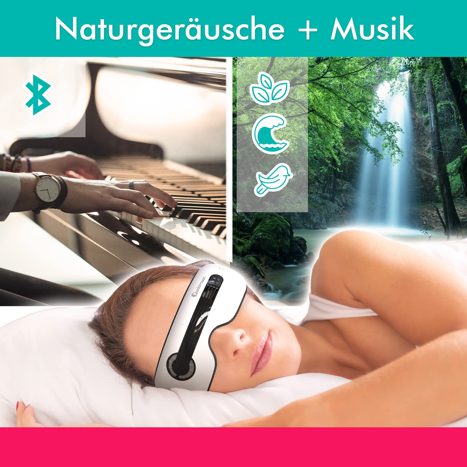 A80 Augen Massagegerät mit 4 Modi, Bluetooth Musik gegen Migräne | Wärme- und Kühlfunktion mit Shiatsu Akupressur sowie verstellbarem Riemen, Weiß