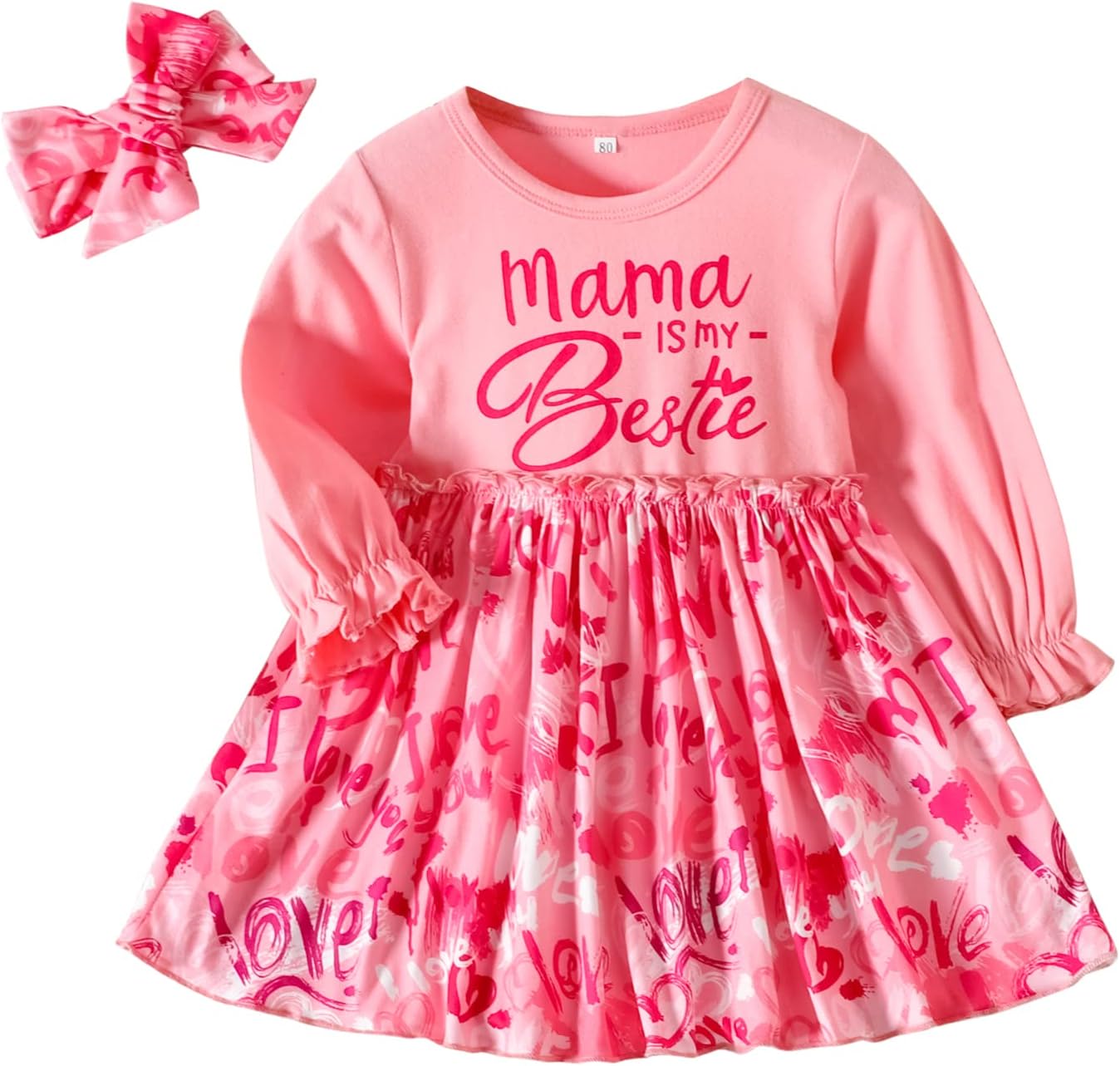 QiraoxyBaby Girl Dress Toddler Mama's Bestie Hearts Pattern Long Sleeves Dresses Princess Dress 2pcs Spring Fall Clothes Set Infant Girls Valentine’s Day Birthday Outfit
