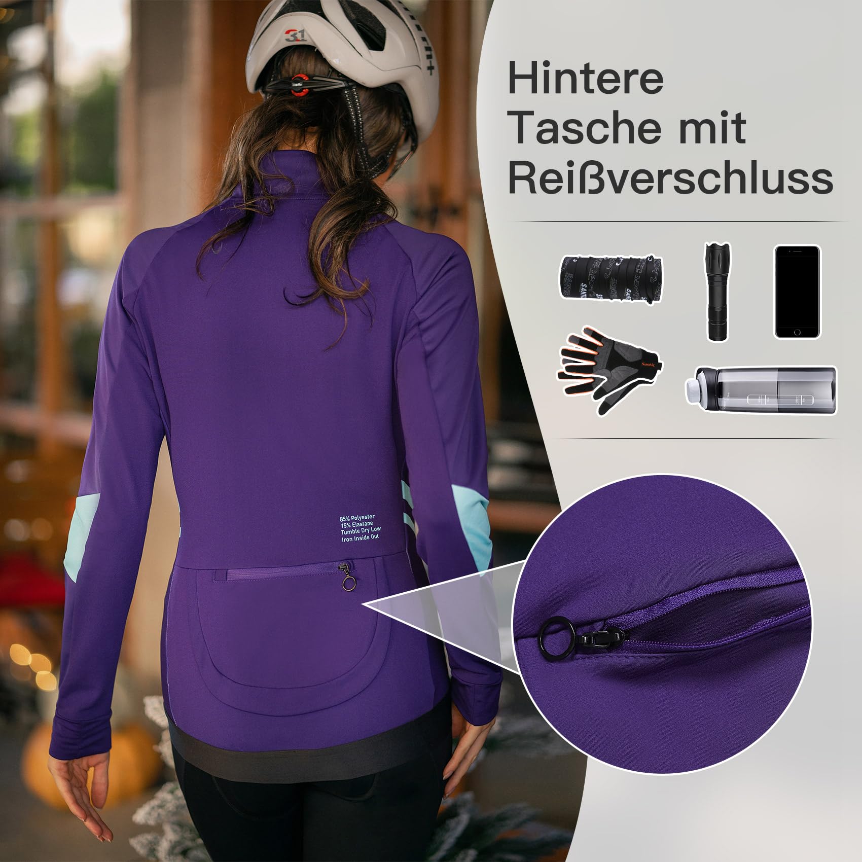 Santic Fahrradjacke Damen Winter Thermo Jacken Winddichte Laufjacke Leichte Atmungsaktiv Langarm Reflektierend Reißverschlusstasche