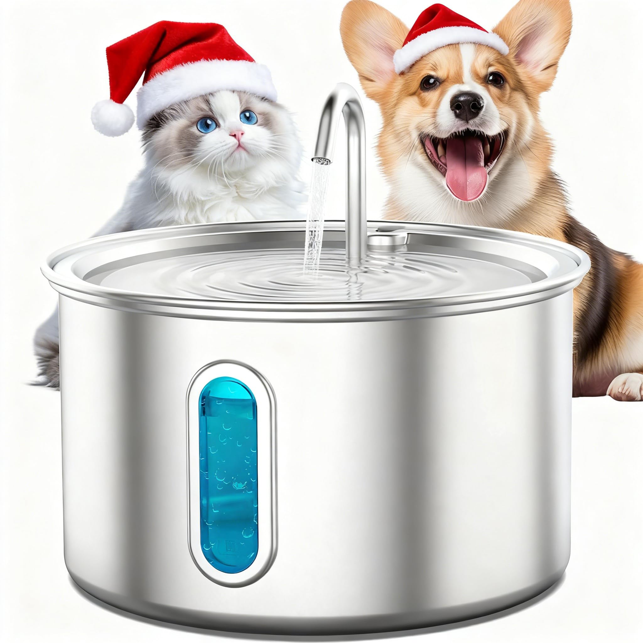 Stainless Steel Cat Water Fountain, 3.2L/108oz Quiet Automatic Cat Water Dispenser, Indoor Pet Spout, Dog Drinking Bowl with 1x Filter & 1x Sponge for Cats/Dogs/Multiple Pets - Silver