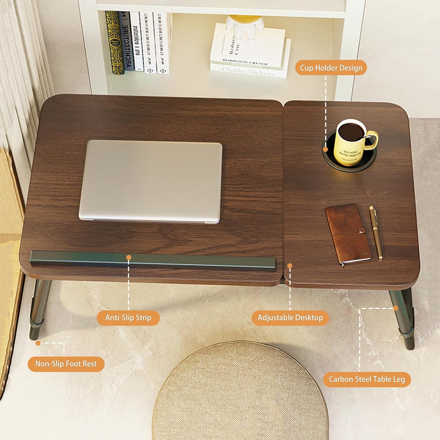 Laptop Desk for Bed, Adjustable Laptops Stand with 5 Adjustable Angles, Portable Lap Tray Table with Cup Holder, Laptop Bed Desk Tray for Eating Working Writing Reading (Brown)