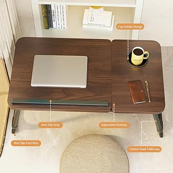 Laptop Desk for Bed, Adjustable Laptops Stand with 5 Adjustable Angles, Portable Lap Tray Table with Cup Holder, Laptop Bed Desk Tray for Eating Working Writing Reading (Brown)