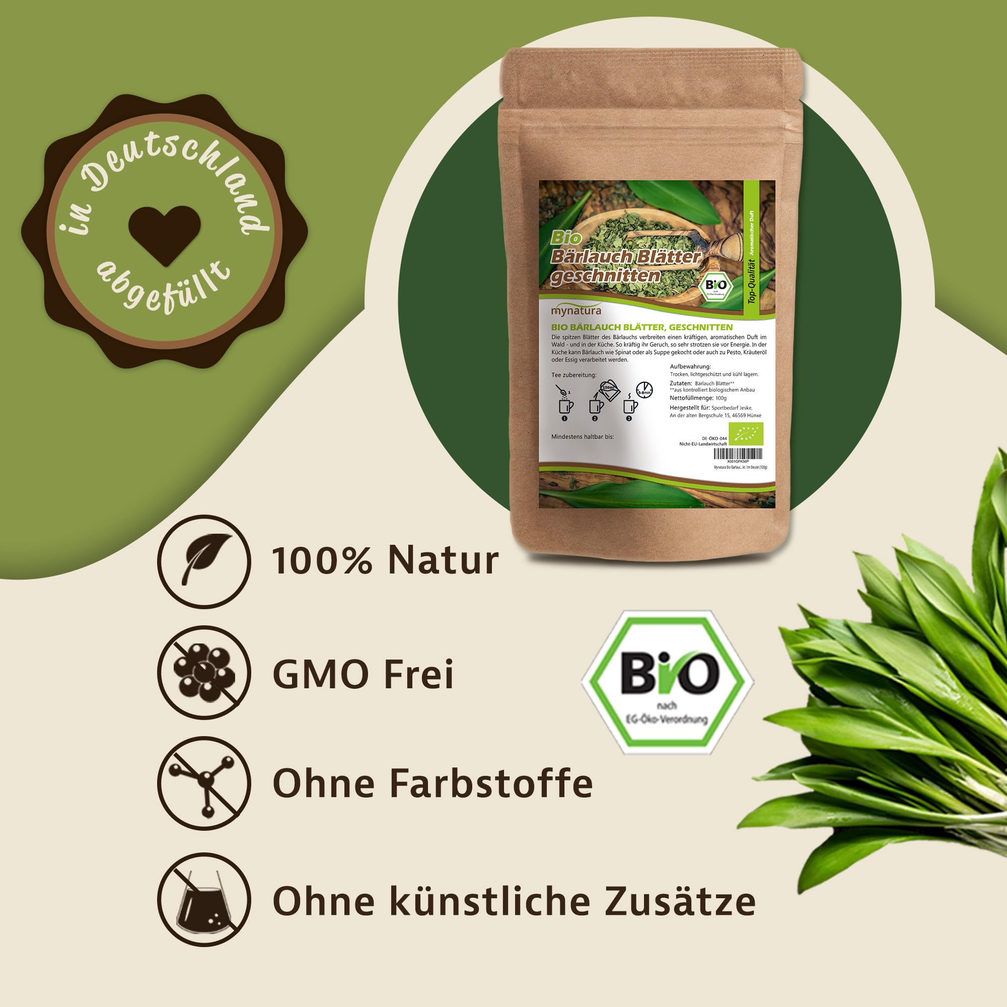 Mynatura Bio Bärlauch Blätter geschnitten I Getrocknet I Gewürz-Kraut I Bärlauch-Tee I Allium Ursinum I Naturprodukt I Im Beutel (250g) Lebensmittel & Getränke