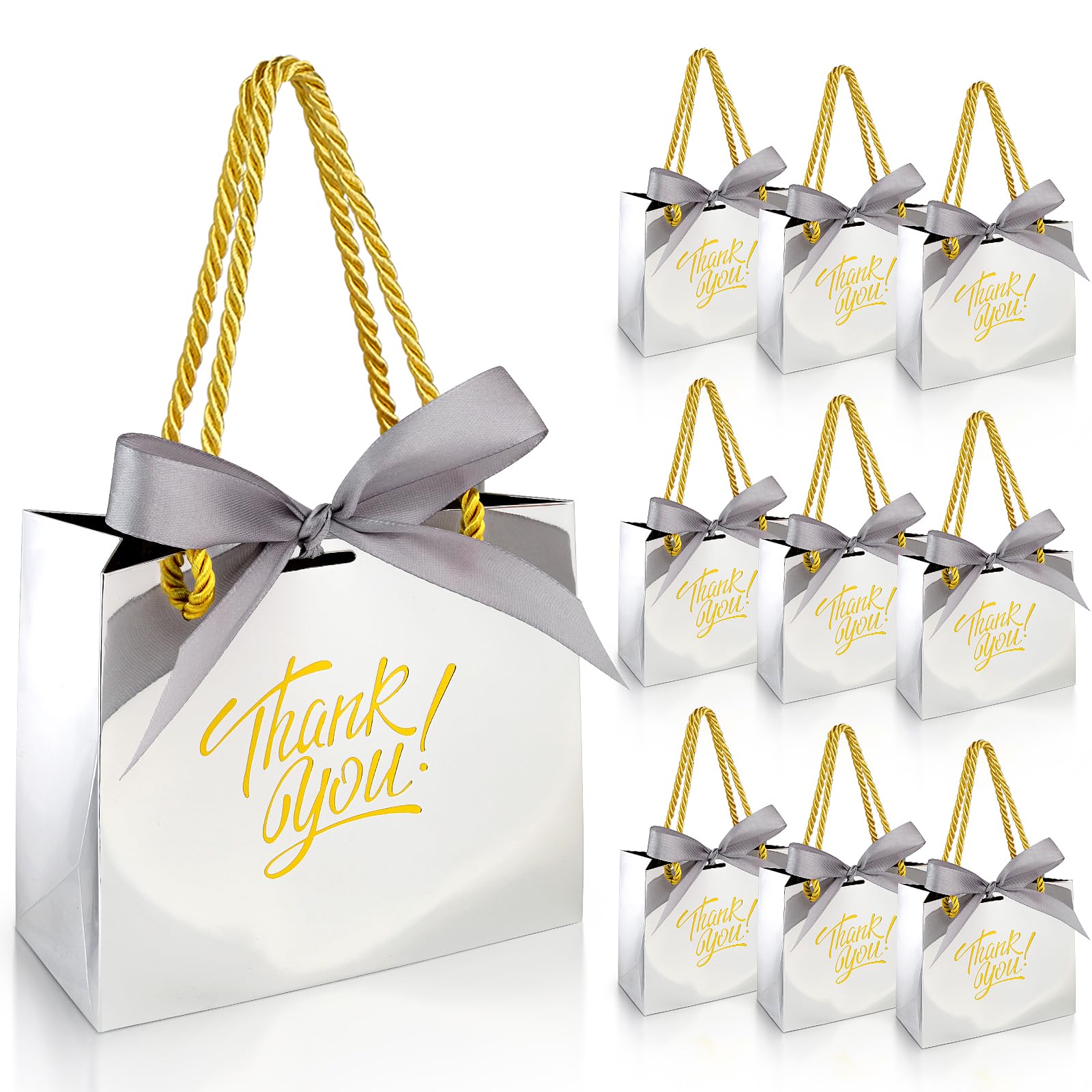 EQOREIIN 30 Pack Small Thank You Gift Bags with Handles 5.5 x 2.4 x 4.7 Inches Mini Silver Gift Bags with Bow Ribbon Tiny Party Favor Bag Bulk for Graduation Mother's Day Baby Shower Wedding (Silver) — image 1