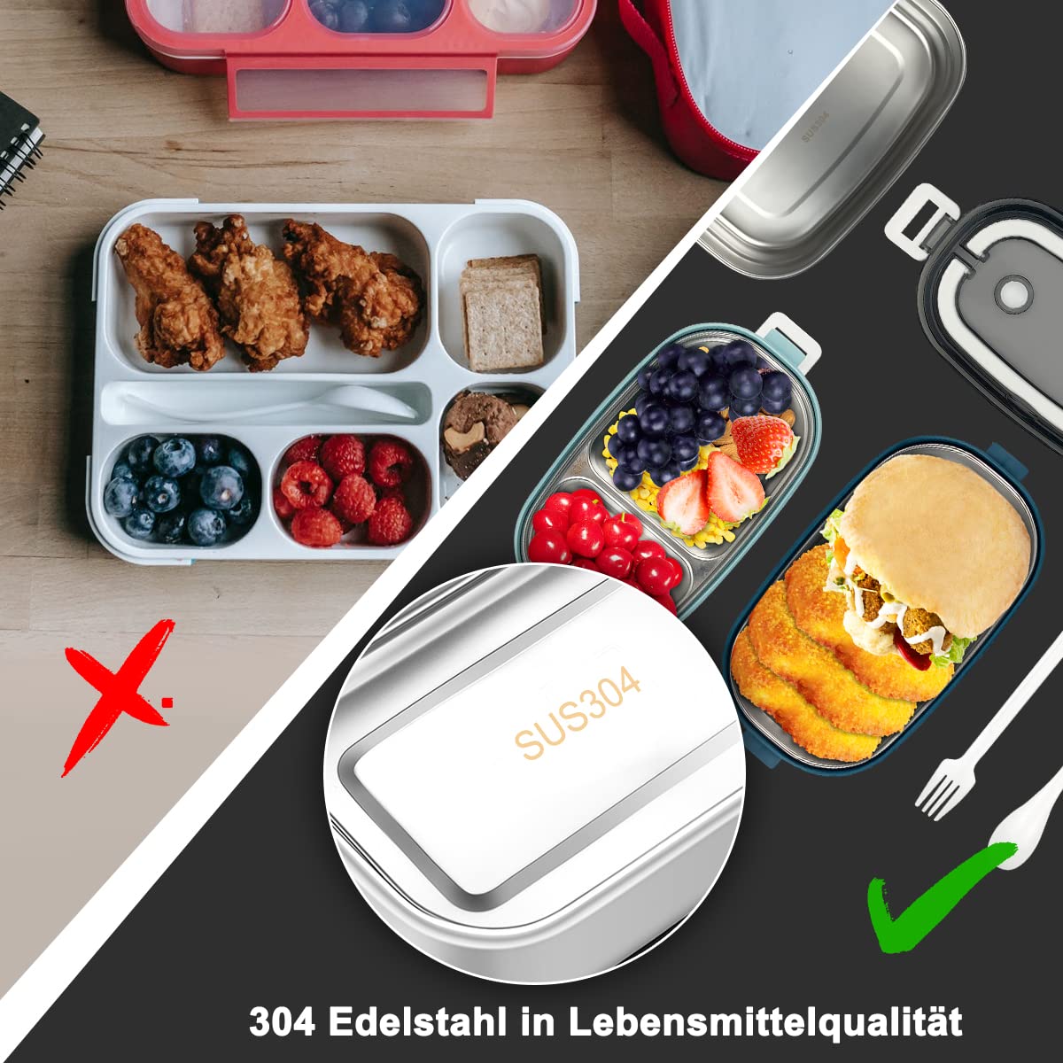 Bento - Contenitore per il pranzo per adulti/bambini, in acciaio inox, con 2 scomparti, contenitore in metallo con coperchio in legno, senza BPA, per