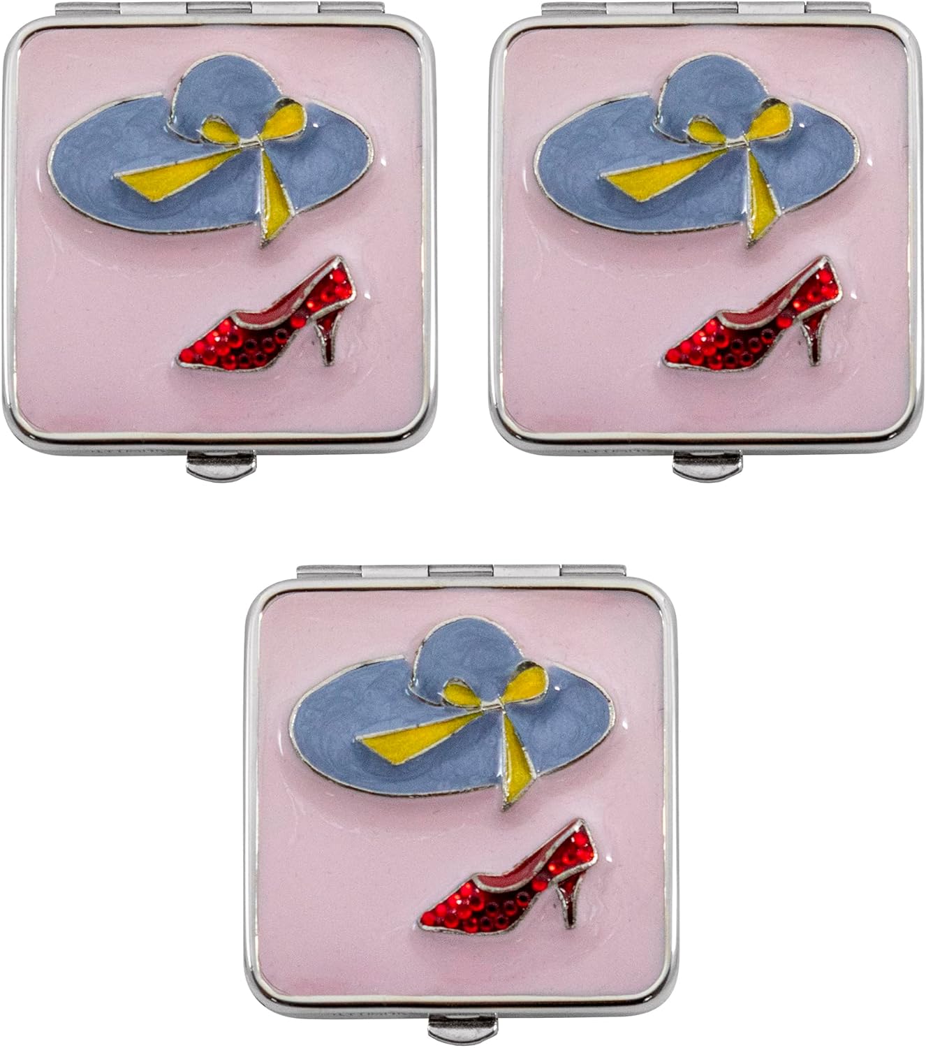 Stephanie Imports Set of 3 Double Sided Magnifying Compact Slim Mirrors (Pastel Pink & Red Rhinestone Heel, Square)