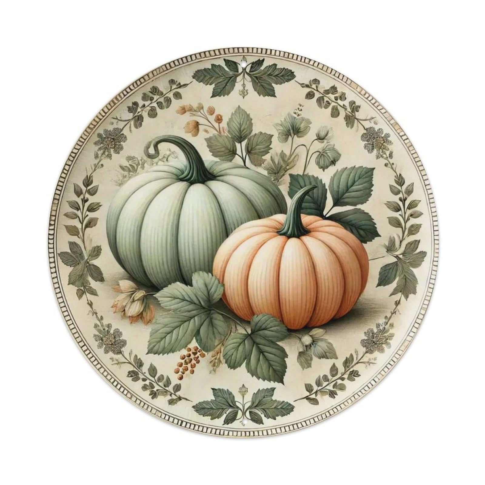 Pumpkin Leaves Floral Border Pattern Round Tin Sign Vintage Metal Sign Home Bar Garden Indoor & Outdoor Wall Decor Retro Metal Poster 8x8 Inch