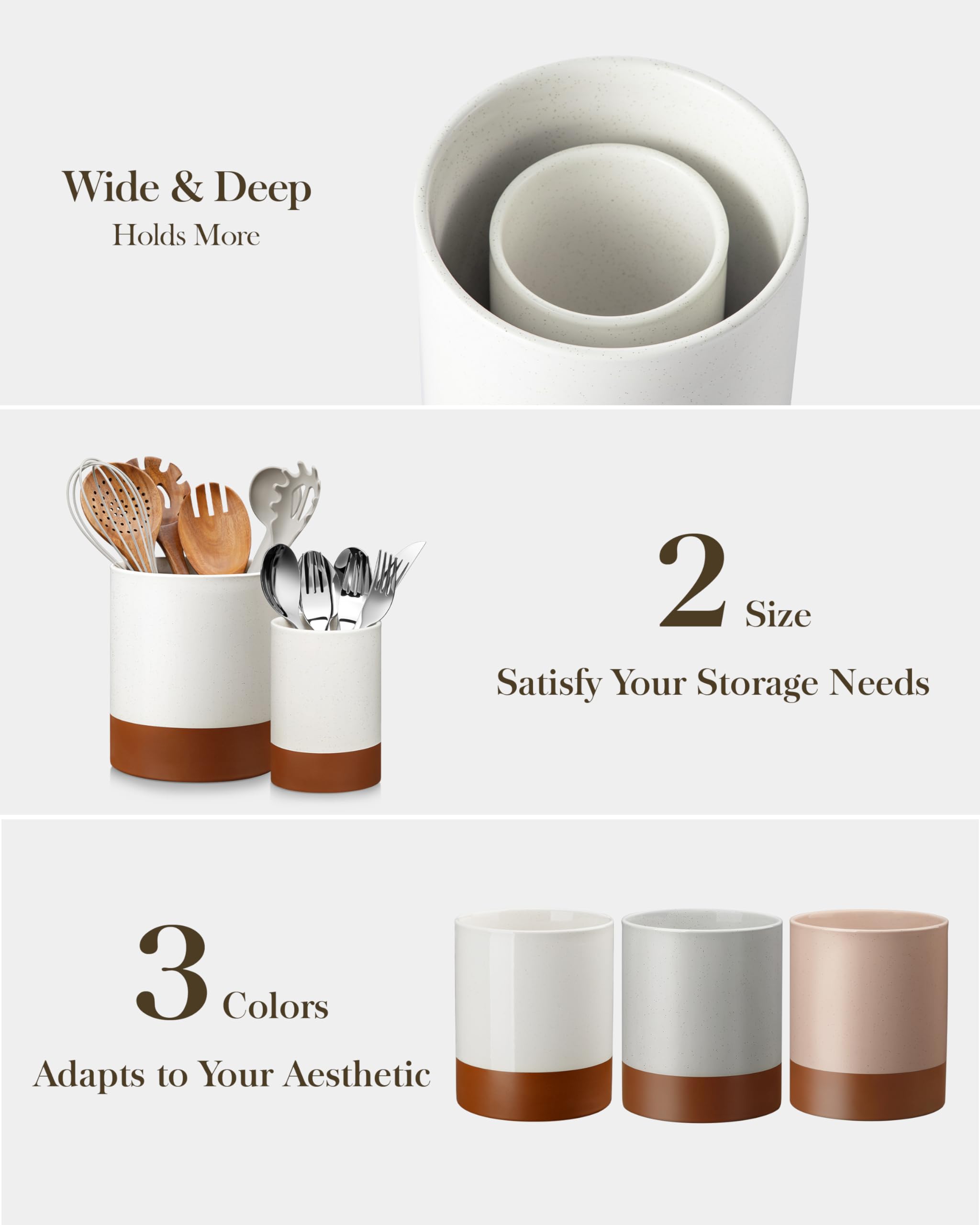 MALACASA Lot de 2 grands porte-ustensiles de cuisine en céramique pour comptoir, 18,5 cm + 14 cm, grands pots à ustensiles de cuisine pour comptoir de cuisine, organisateur d'ustensiles de ferme