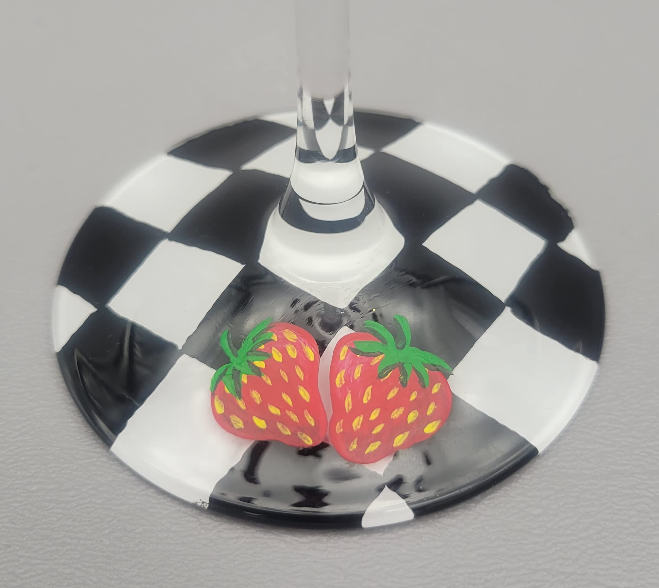 Strawberry Themed Martini Glass - Hand Painted - Summer, Strawberries, Checker, Blossoms - Cocktail Glass