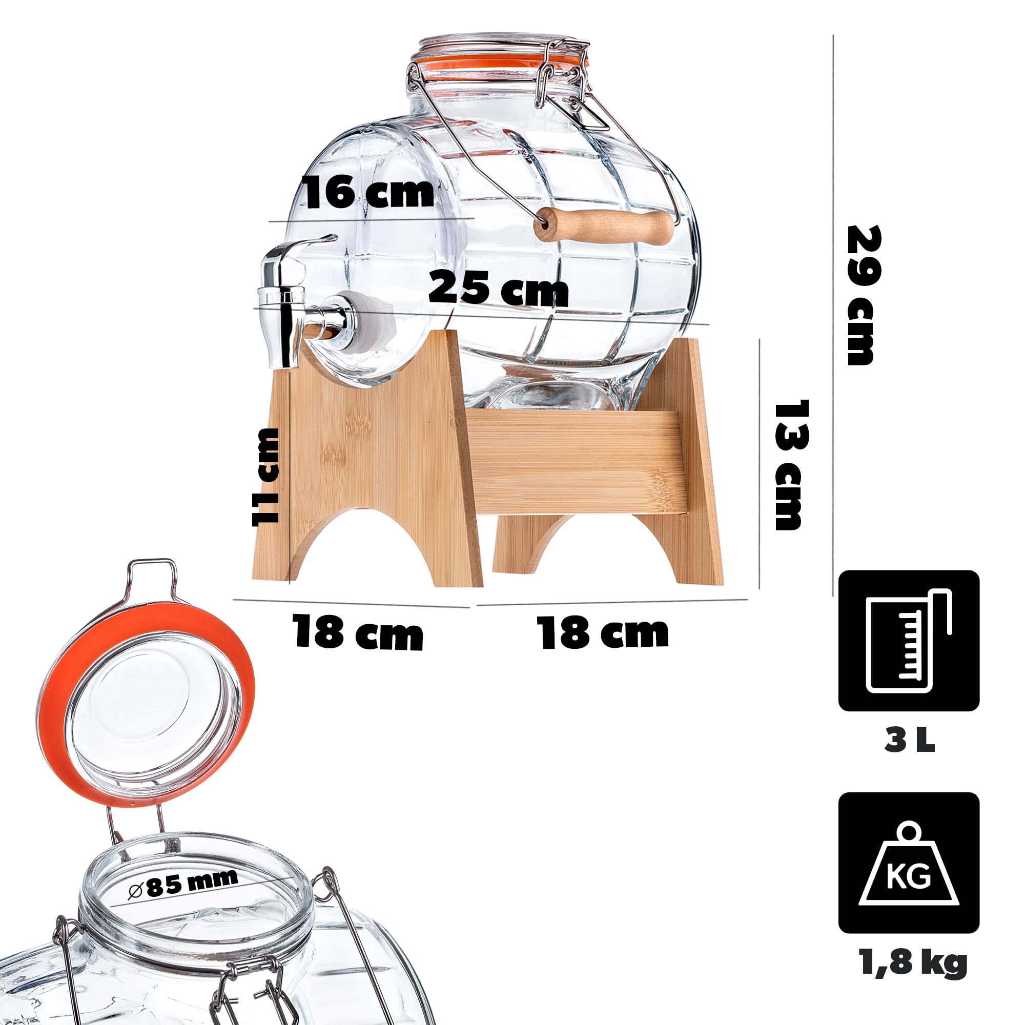KADAX Fass 3L mit Hahn, fassförmiger Getränkespender aus Glas mit Zapfhahn, transparenter Spender mit Holzuntersatz, Alkoholspender ideal für Whisky, Brandy, Säfte (Modell 1)