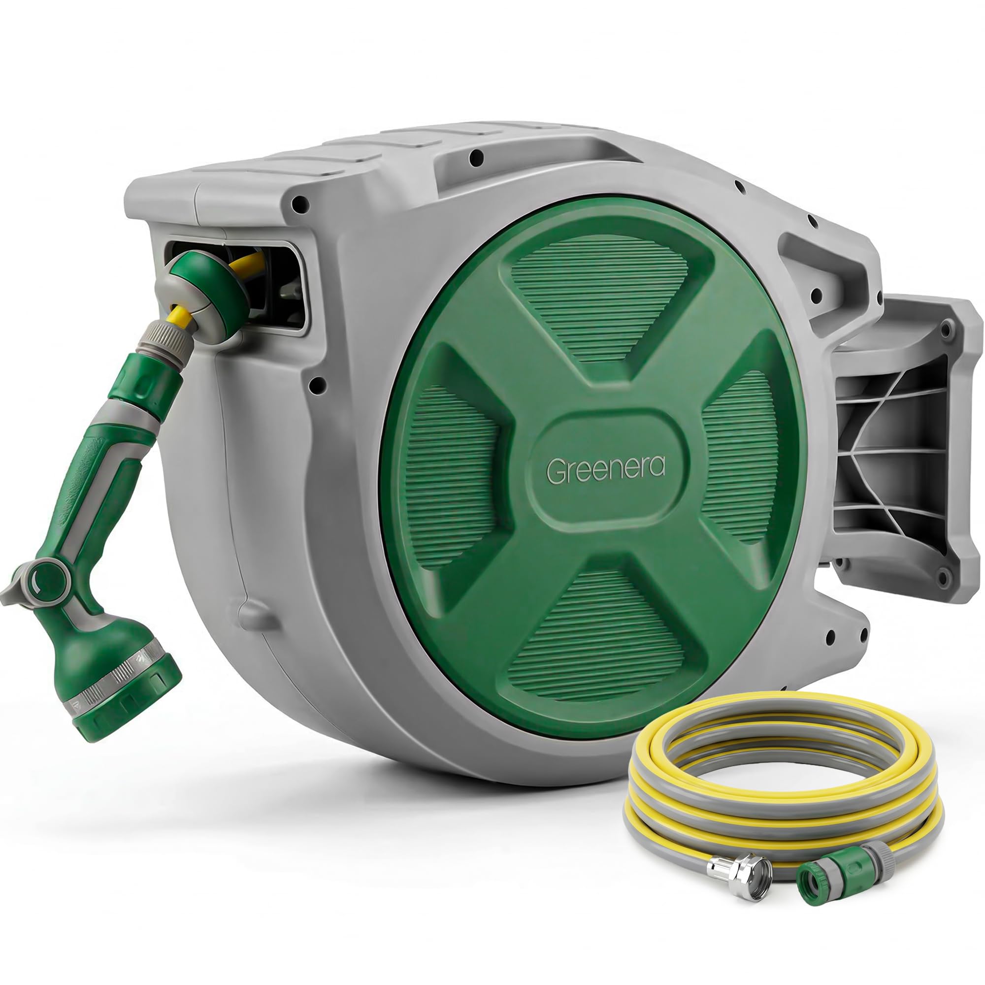Greenera Green Retractable Garden Hose Reel, 25+2M Auto Reel Wall-Mounted Hosepipe, 10 In 1 Spray Nozzle,Auto Rewind, Any Length Lock, 180° Pivoting, Hose And Wall Fixings Accessories