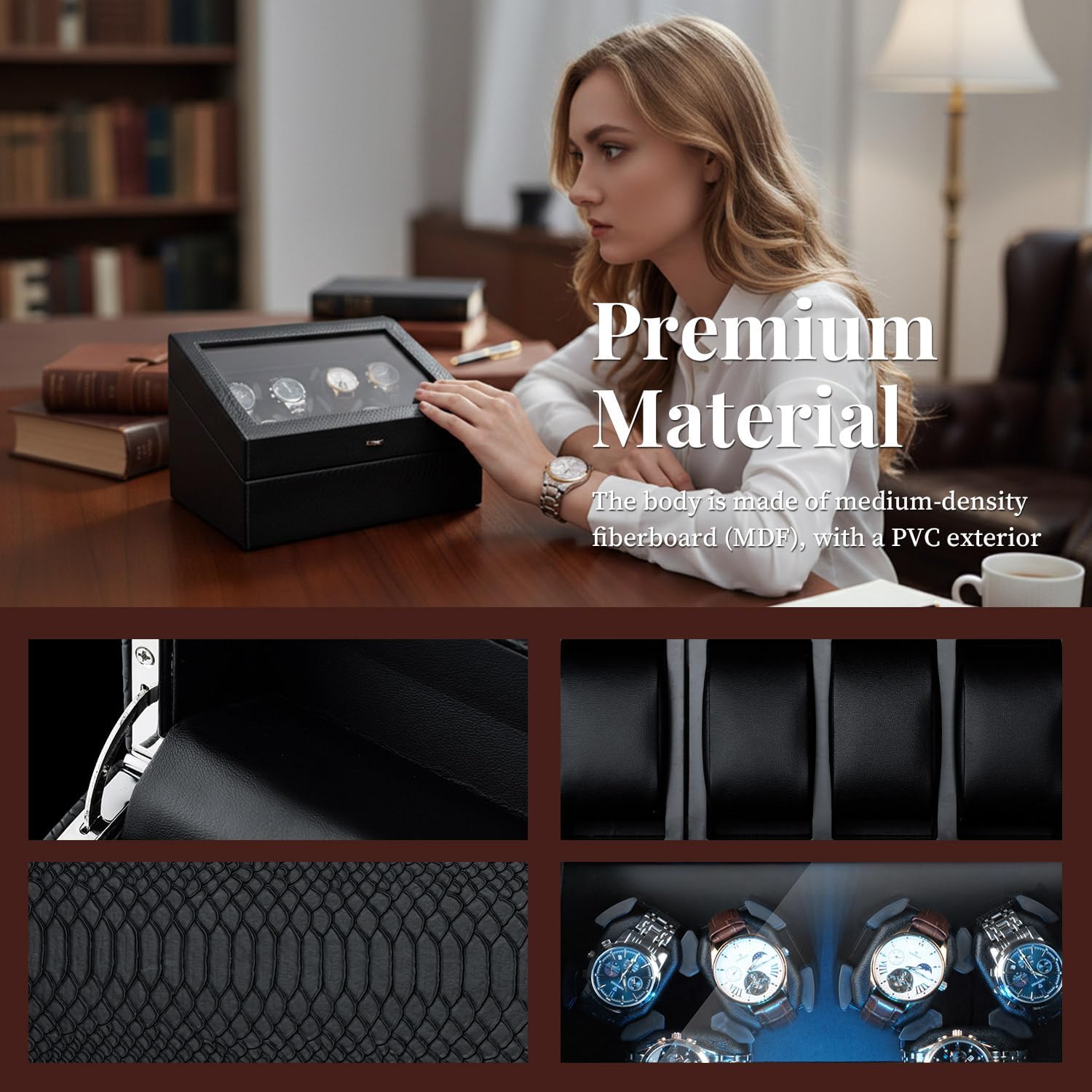 Mcbazel Boîte à Montres Automatique Ultra Silencieuse avec Lumière LED, Boîte de Rangement Luxe pour 6 Montres avec 5 Modes de Rotation et 6 Positions de Rangement Supplémentaires