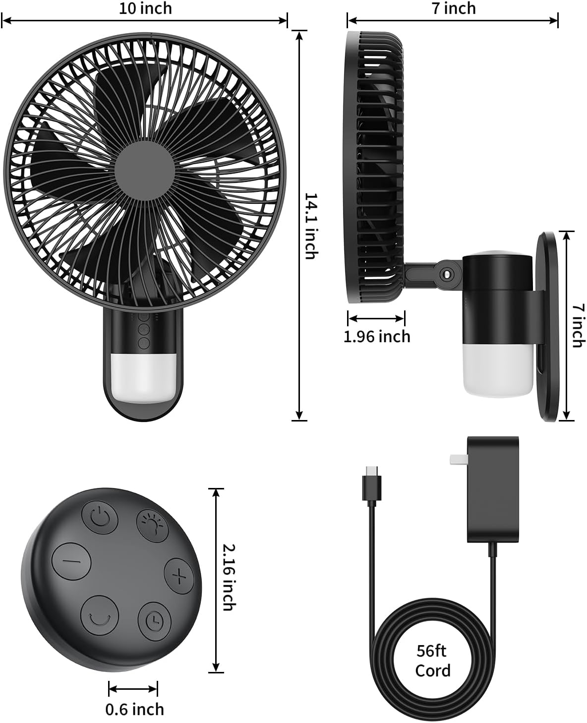 10 Inch Wall Mount Fan with Light and Remote Control – 90° Oscillating RV Fan, 4 Speeds Quiet Motor, 180° Manual Tilt, Timer Setting for Bedroom, Dorm, Home Office, Small Spaces