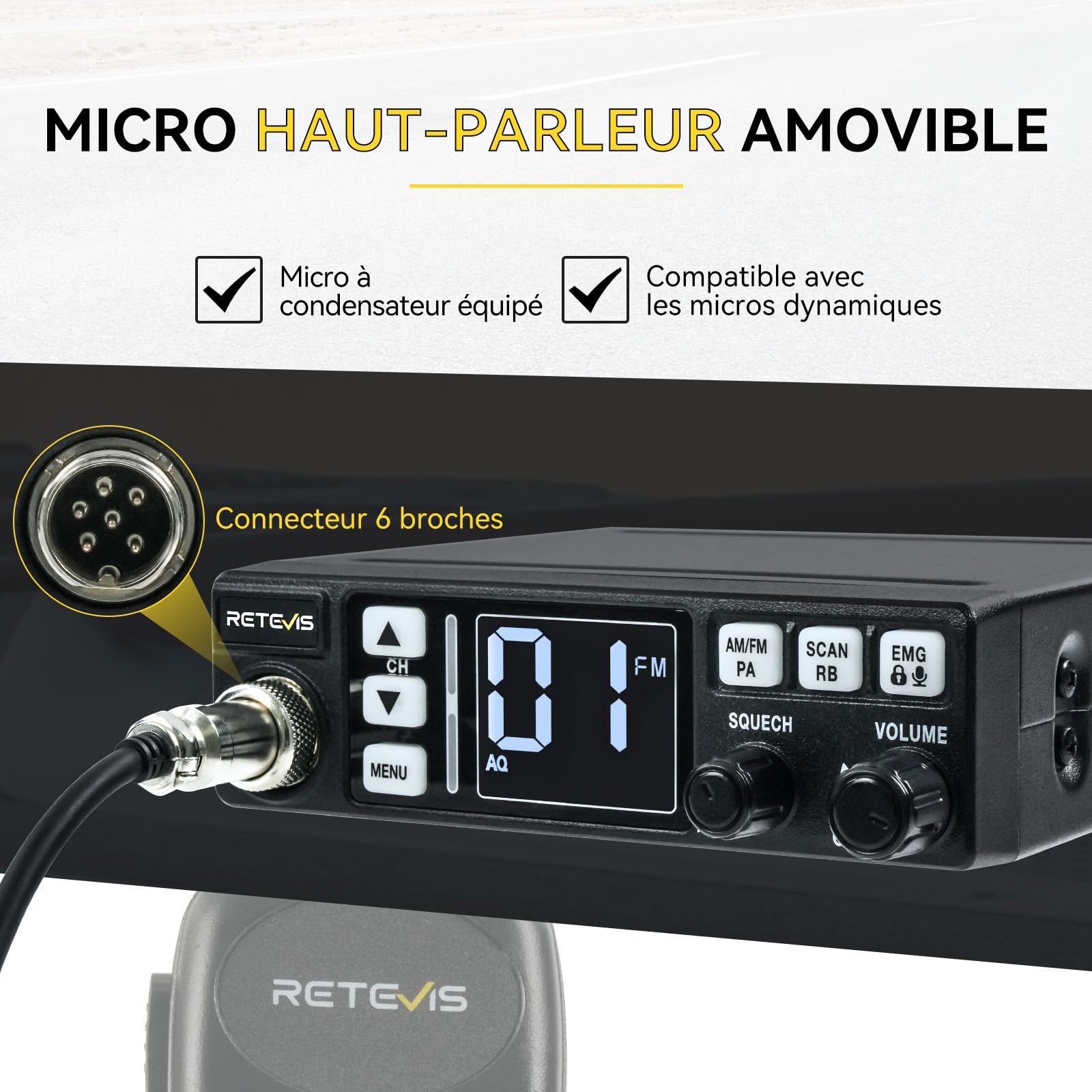 Retevis MB63 Radio CB Mobile Kit Complet avec Antenne AM/FM/PA Écran LCD VOX SQ/ASQ EMG CH9/19 Noir