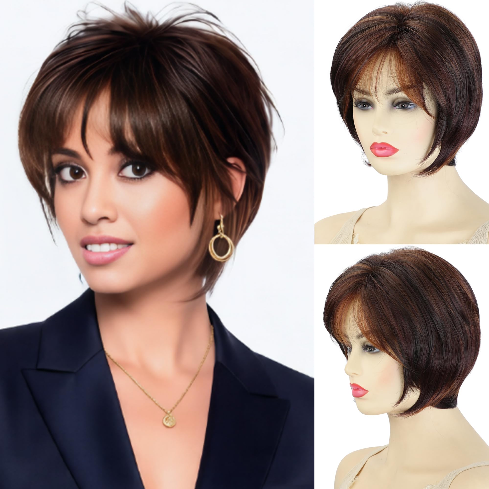 XIUFAXIRUSI XIUFAXIRUSI Brown Layered Pixie Bob Wigs for White Women Blonde Mix Brown Short Straight Wig with Cute Bangs Natural Looking Synthetic