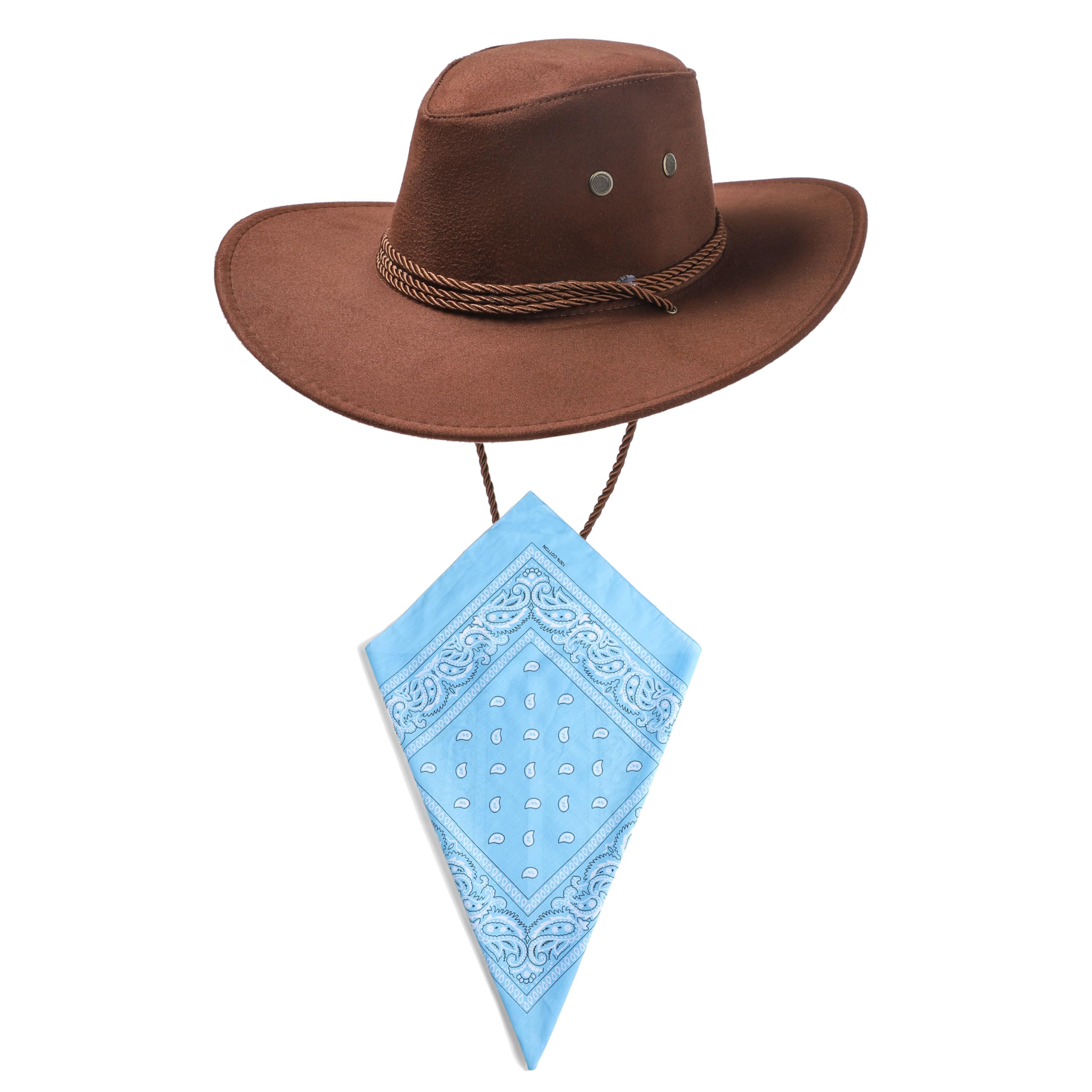 Dark Brown Cowboy Hat and Sky Blue Bandana Western Sun Cap Faux Felt Leather Suede Fancy Dress Party Costume Outfit Neckscarf Sun Protection Mens Womens โ image 1